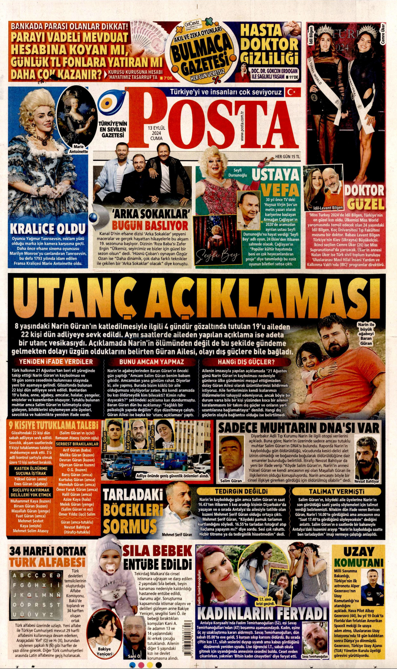POSTA gazetesinin 13 Eylül 2024 tarihli birinci sayfası