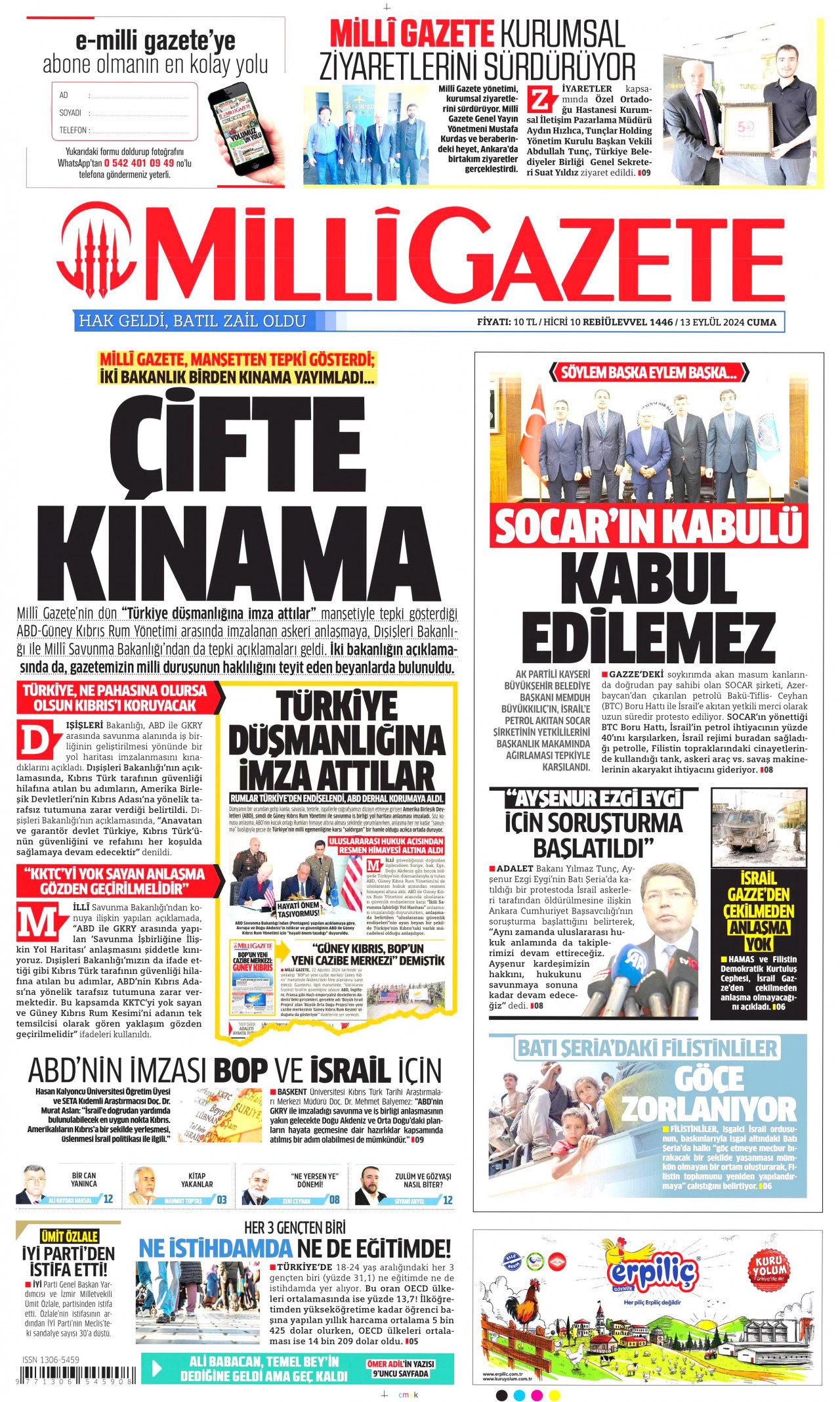MİLLİ GAZETE gazetesinin 13 Eylül 2024 tarihli birinci sayfası