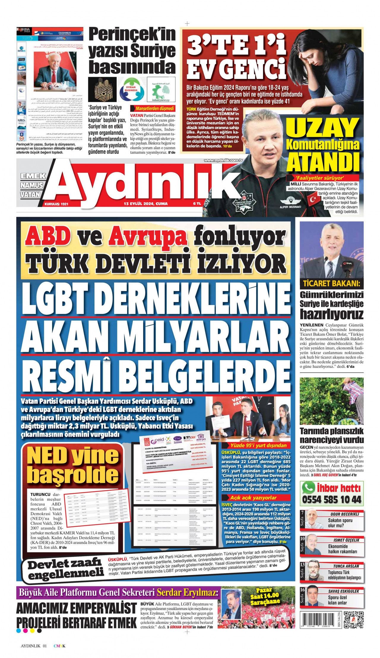 AYDINLIK GAZETESİ gazetesinin 13 Eylül 2024 tarihli birinci sayfası