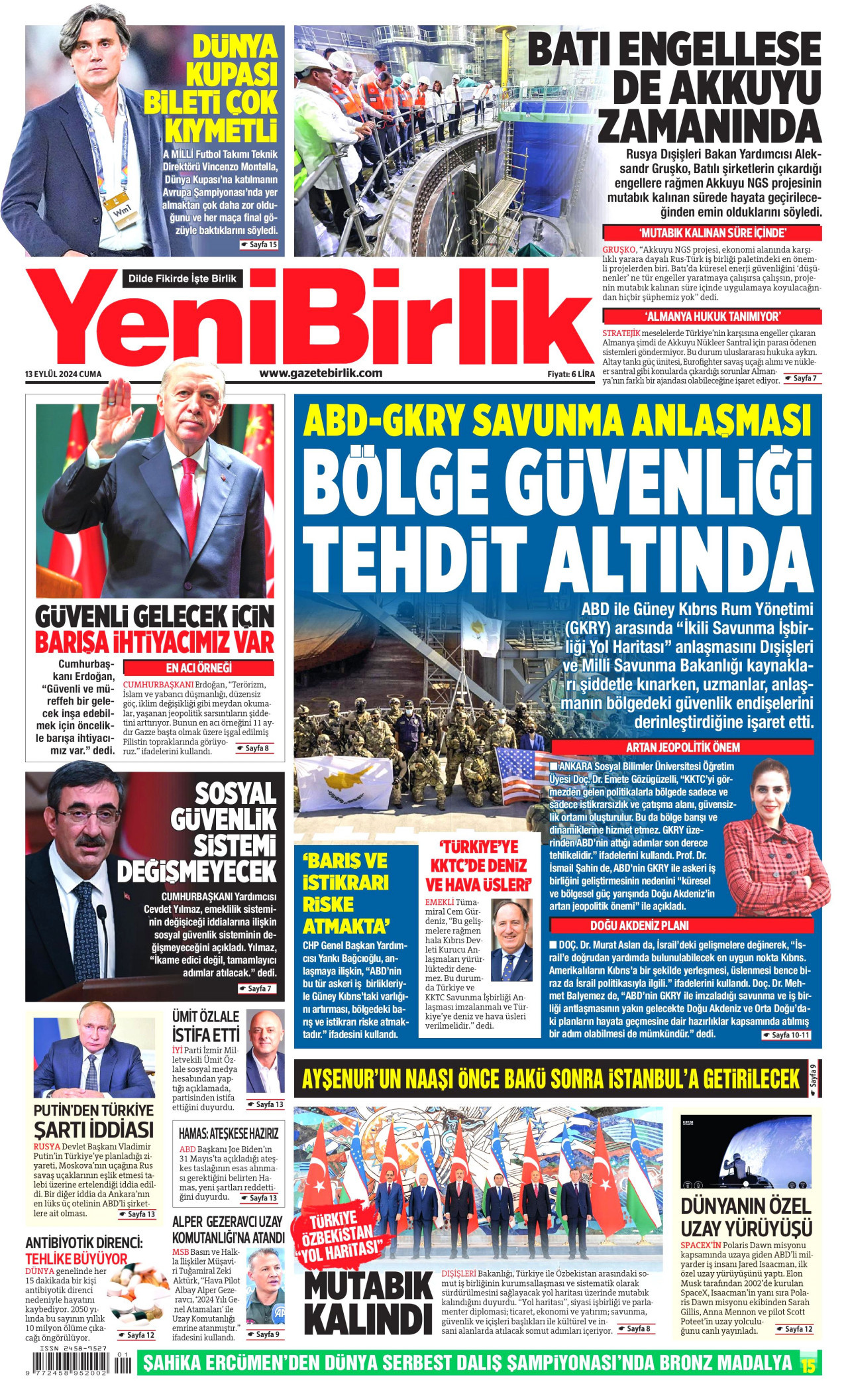 YENİBİRLİK gazetesinin 13 Eylül 2024 tarihli birinci sayfası