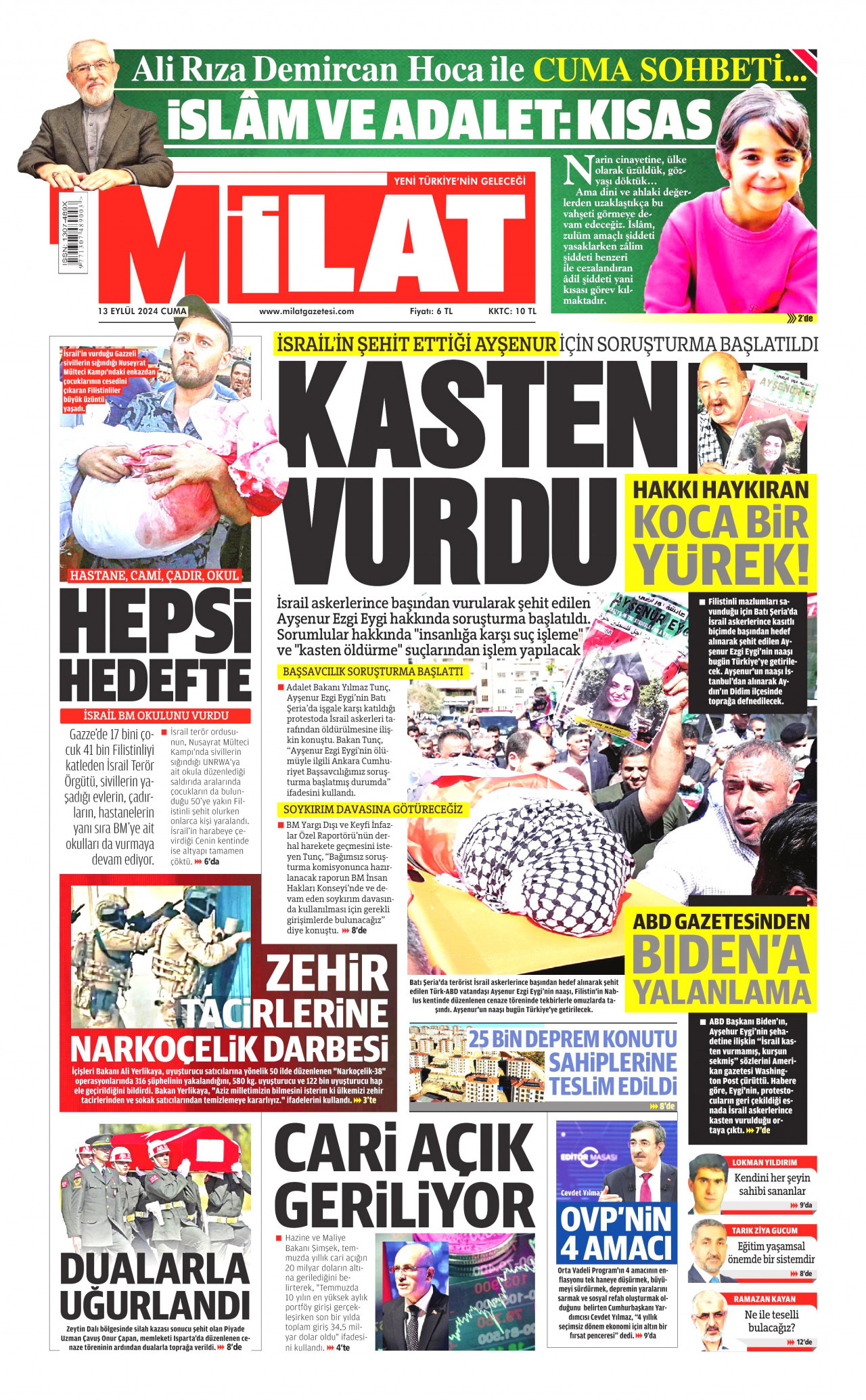 MİLAT gazetesinin 13 Eylül 2024 tarihli birinci sayfası