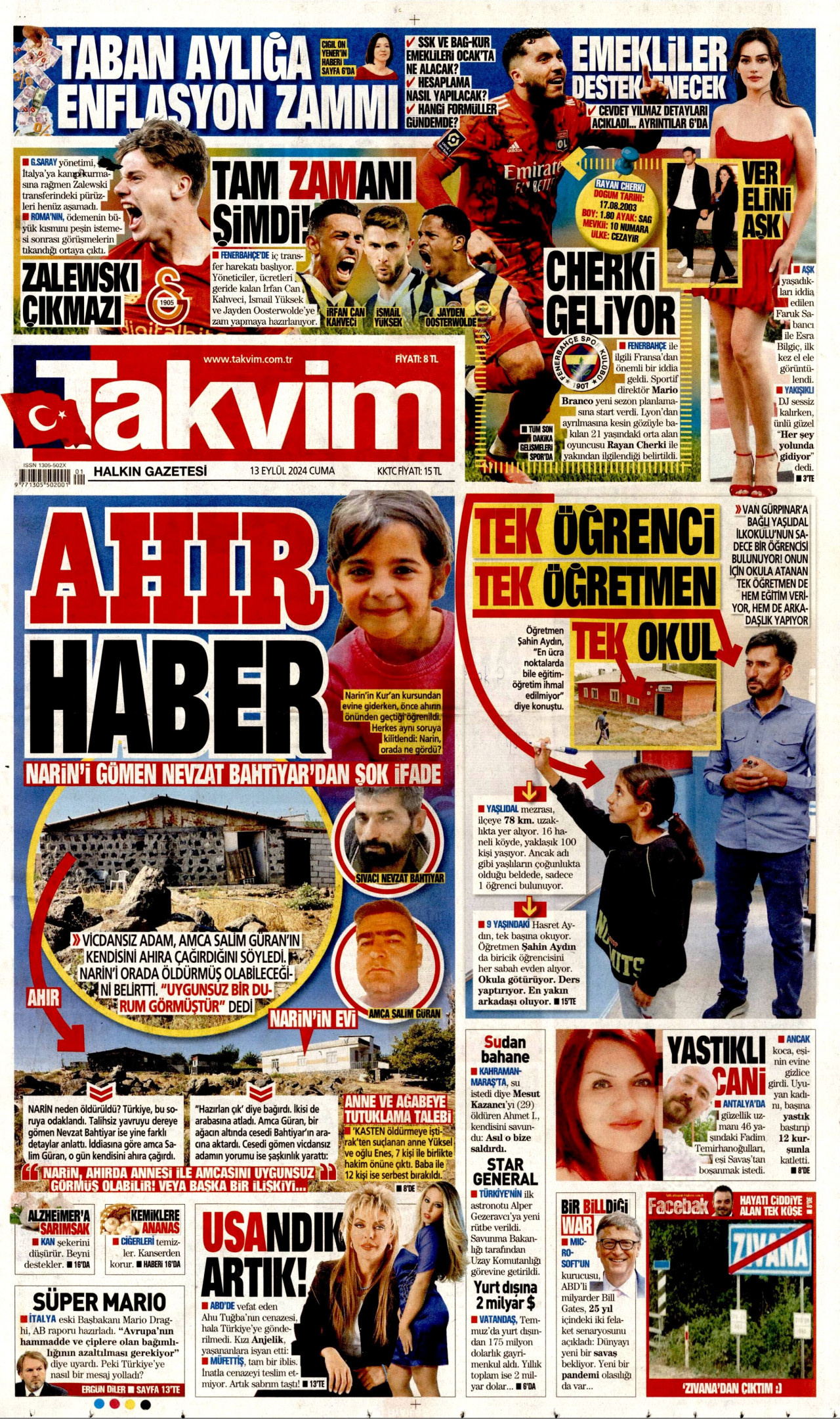 TAKVİM gazetesinin 13 Eylül 2024 tarihli birinci sayfası