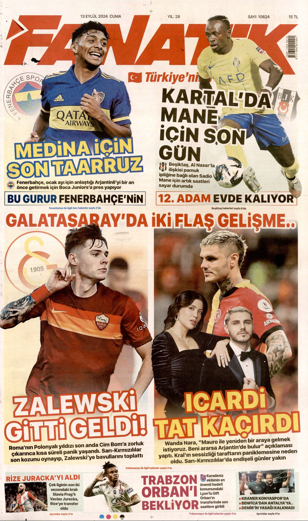 FANATİK gazetesinin 13 Eylül 2024 tarihli birinci sayfası