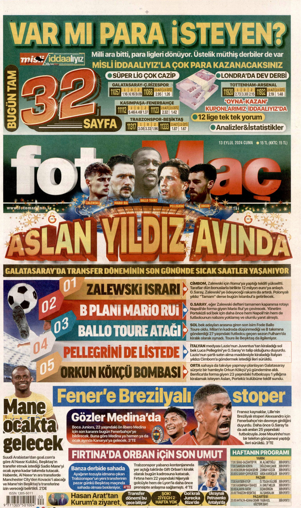FOTOMAÇ gazetesinin 13 Eylül 2024 tarihli birinci sayfası
