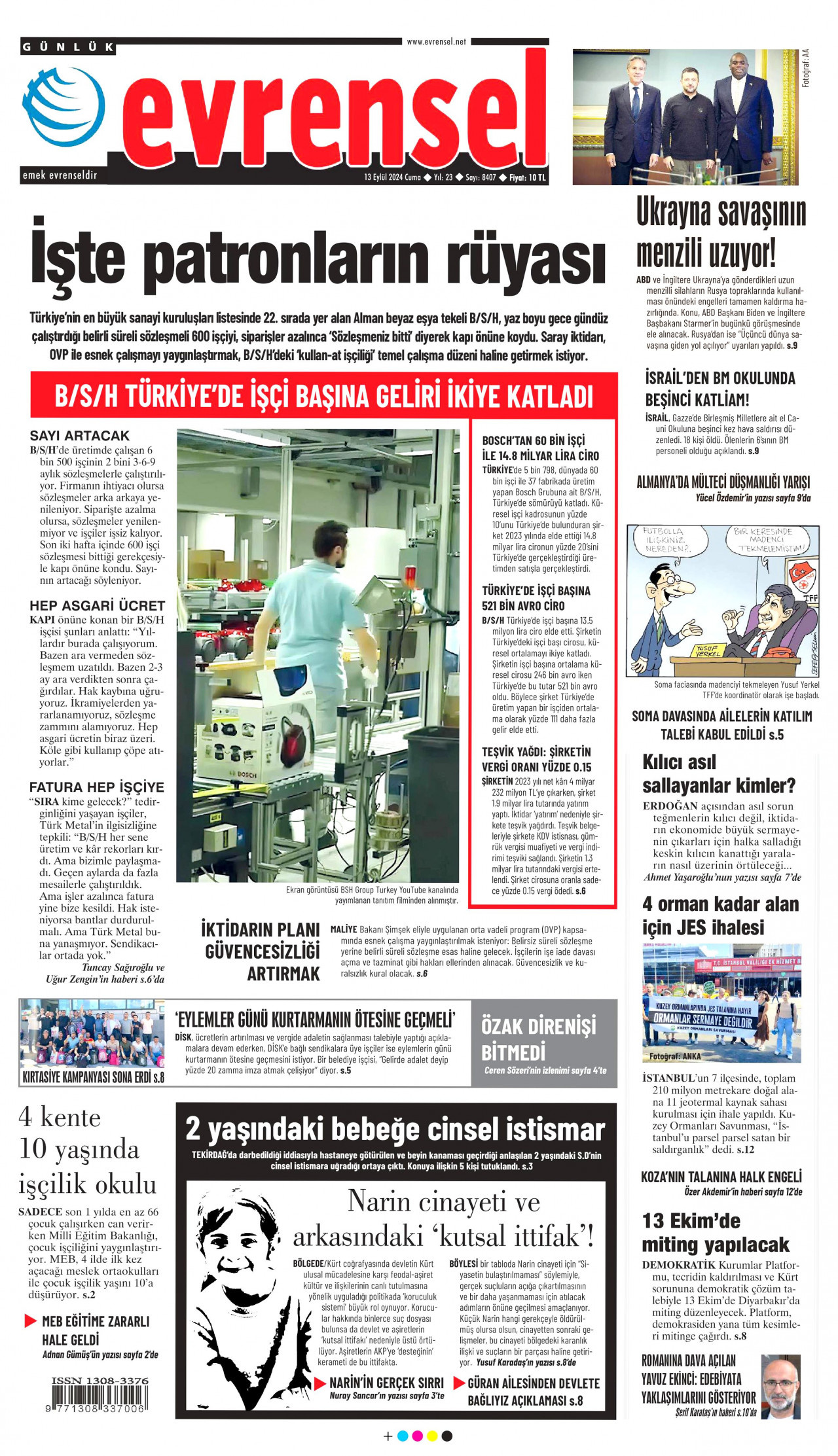 EVRENSEL gazetesinin 13 Eylül 2024 tarihli birinci sayfası