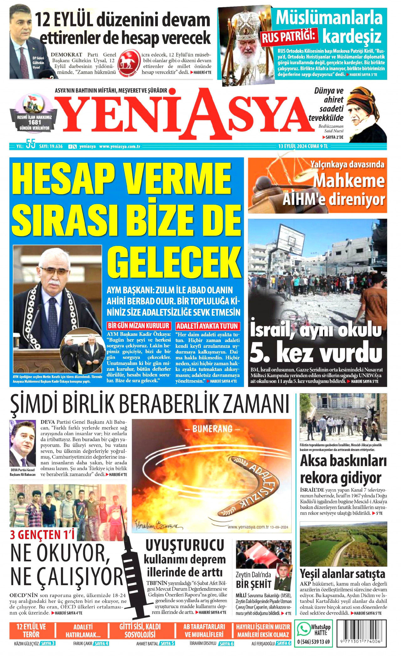 YENİ ASYA gazetesinin 13 Eylül 2024 tarihli birinci sayfası