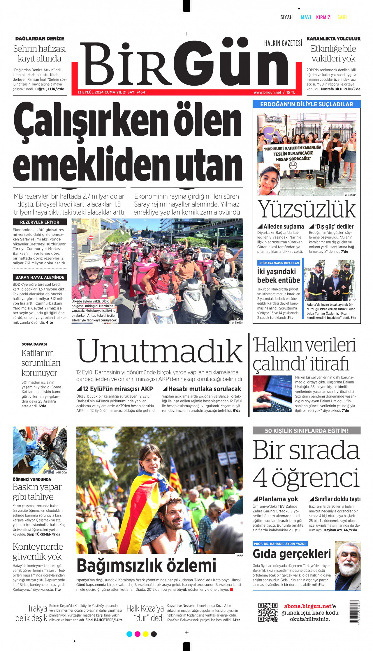 BİRGÜN gazetesinin 13 Eylül 2024 tarihli birinci sayfası
