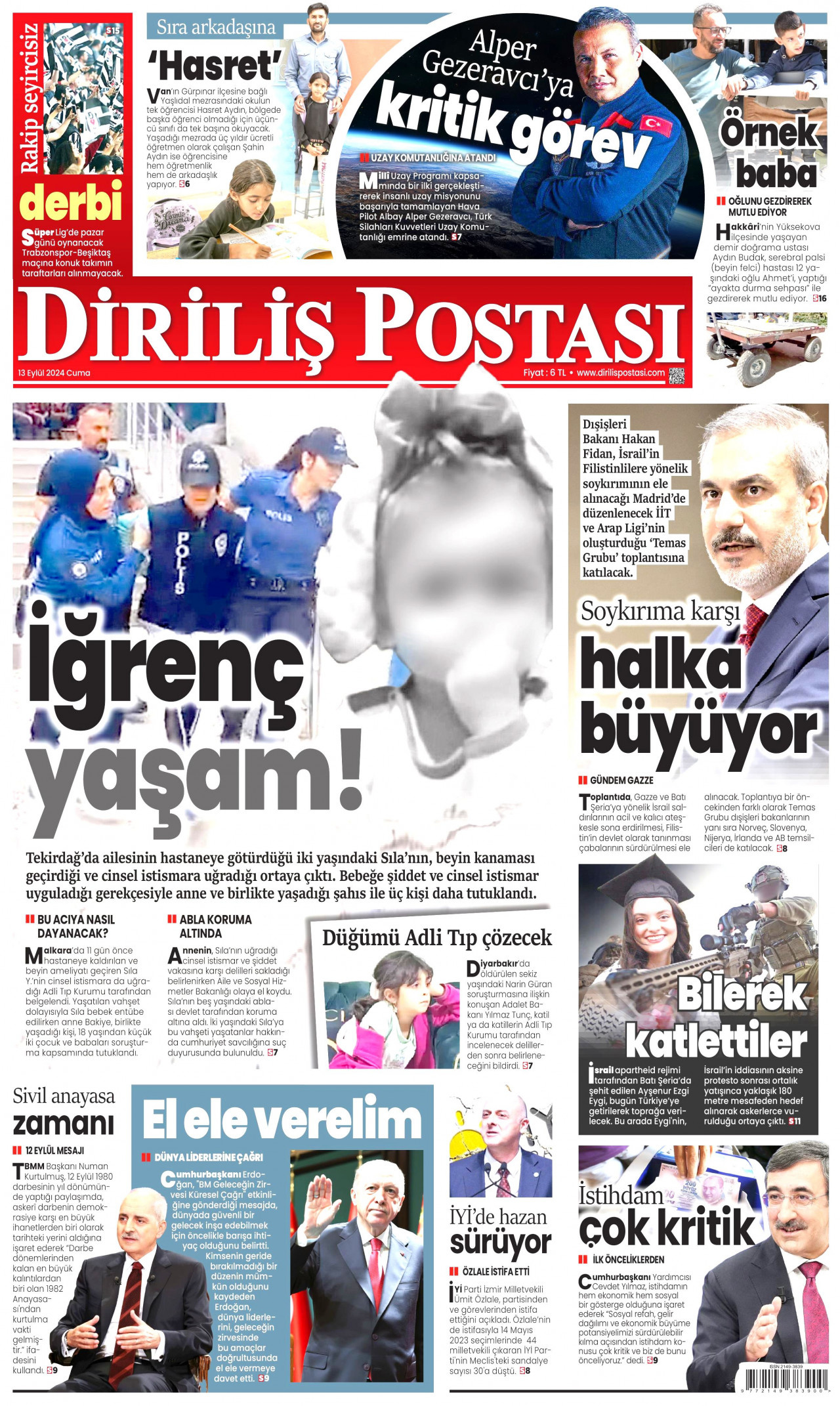 DİRİLİŞ POSTASI gazetesinin 13 Eylül 2024 tarihli birinci sayfası