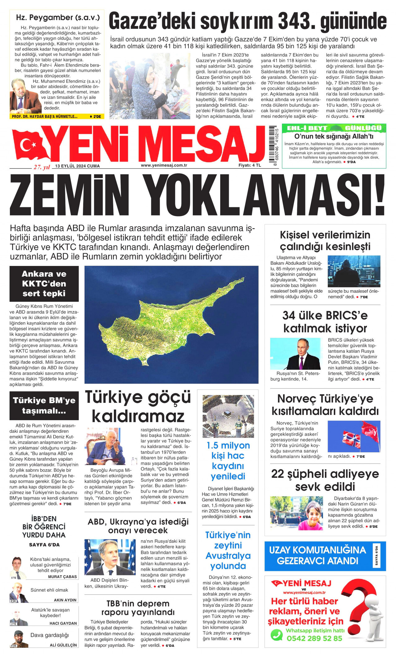 YENİ MESAJ gazetesinin 13 Eylül 2024 tarihli birinci sayfası
