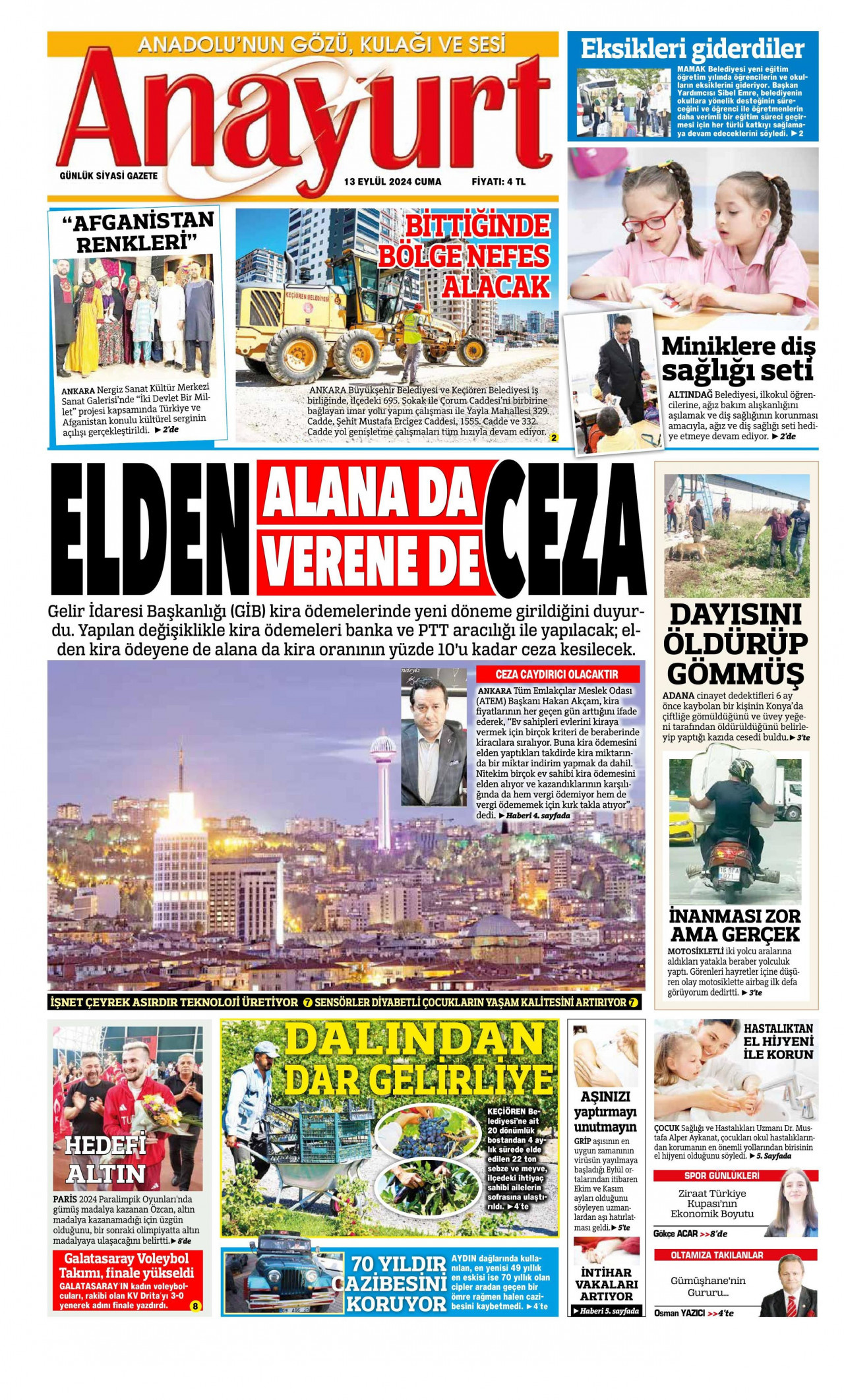 ANAYURT gazetesinin 13 Eylül 2024 tarihli birinci sayfası
