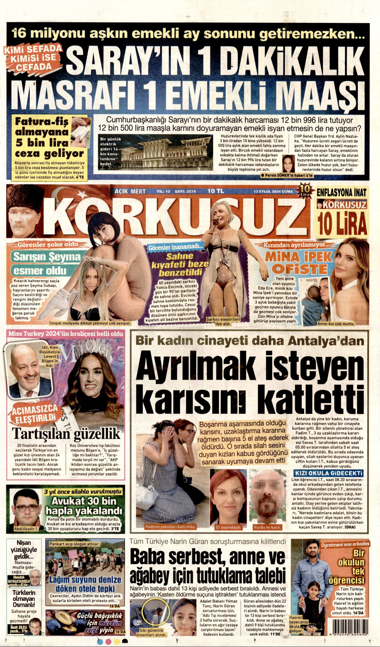 KORKUSUZ gazetesinin 13 Eylül 2024 tarihli birinci sayfası