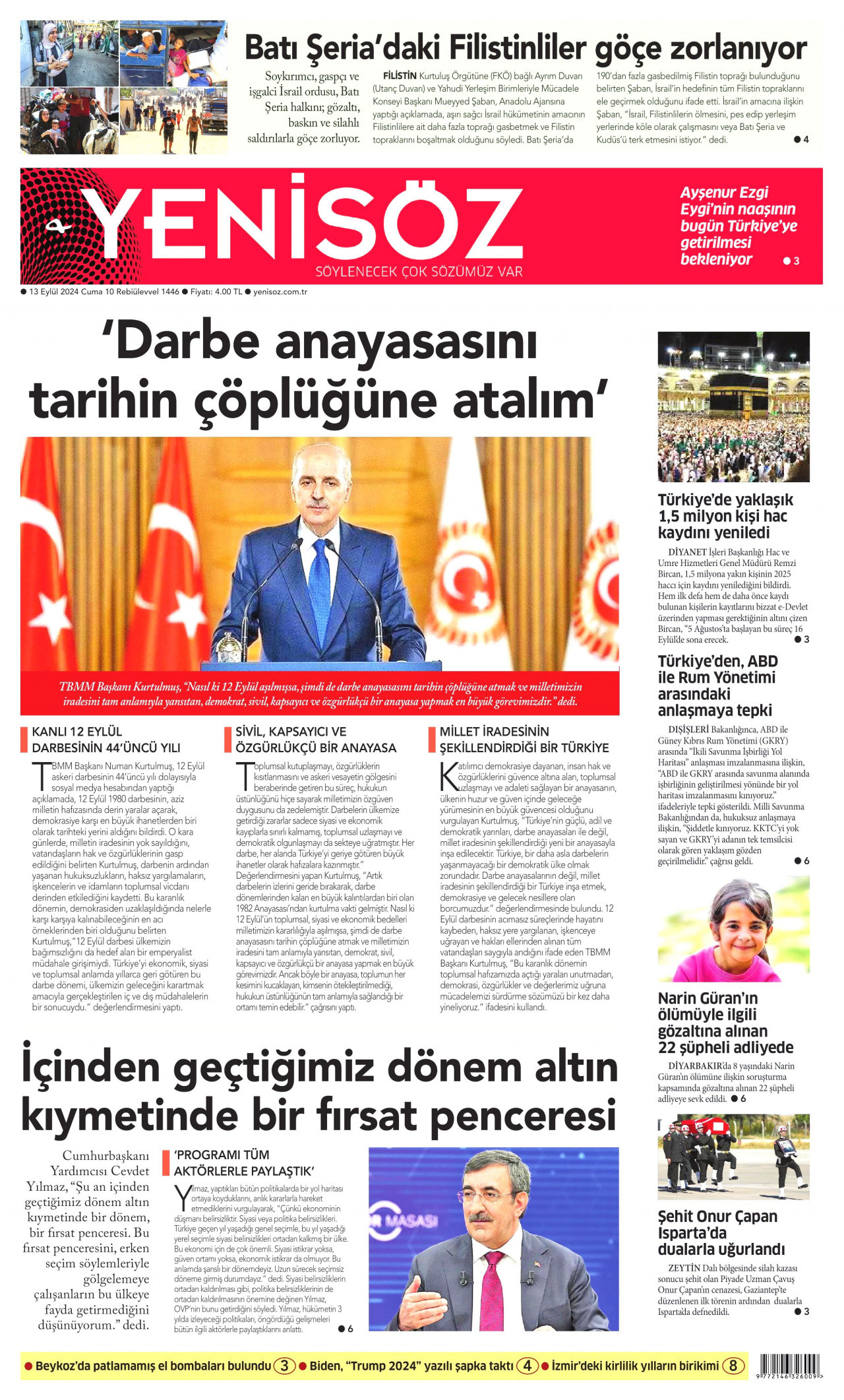 YENİ SÖZ GAZETESİ gazetesinin 13 Eylül 2024 tarihli birinci sayfası