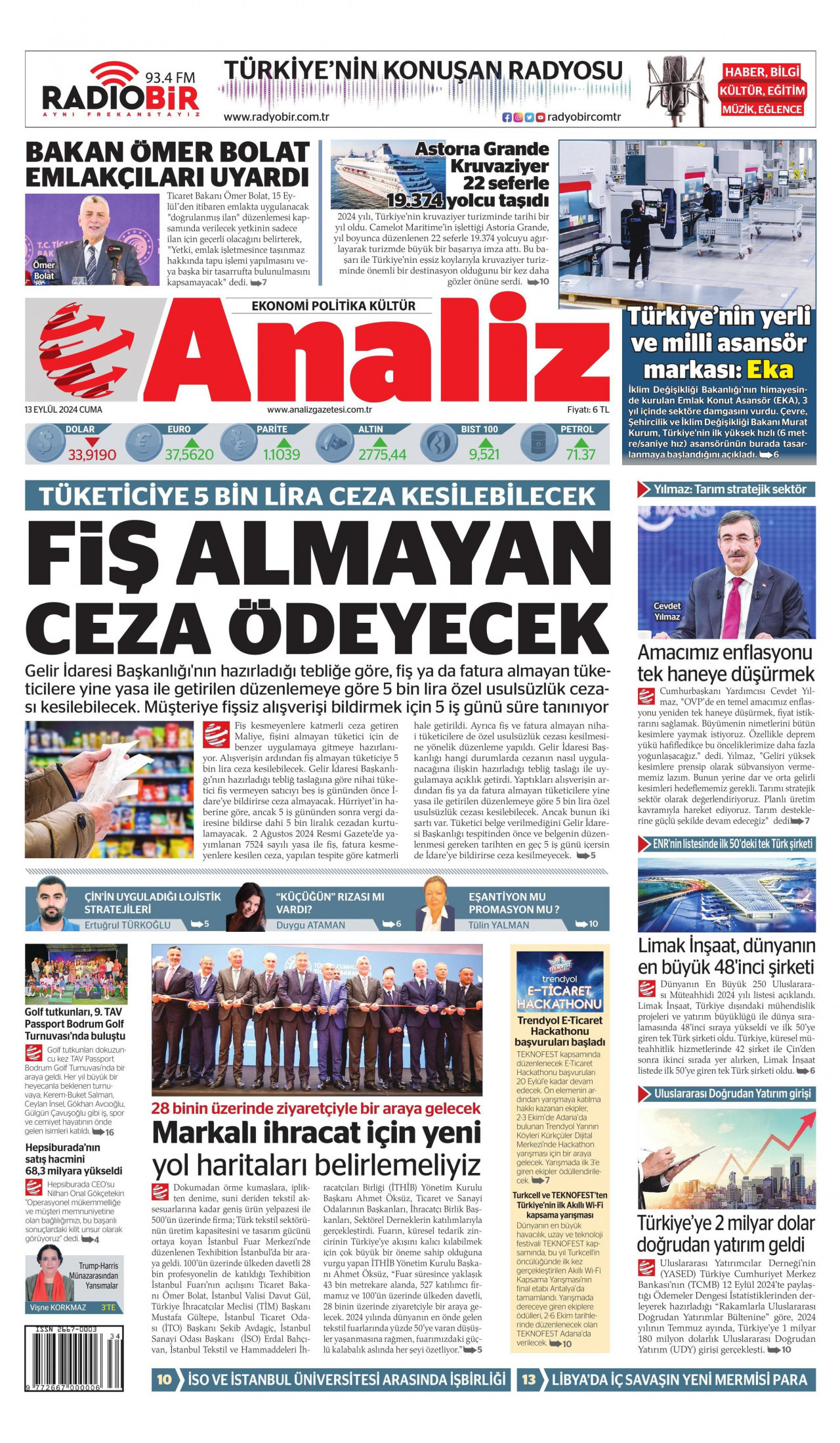 ANALİZ gazetesinin 13 Eylül 2024 tarihli birinci sayfası