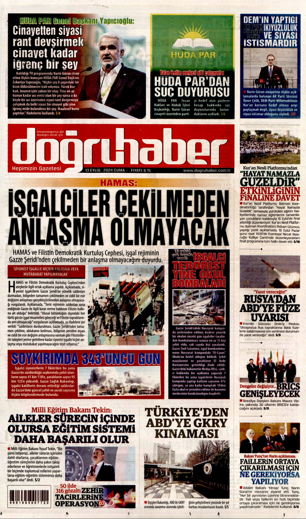 DOĞRU HABER gazetesinin 13 Eylül 2024 tarihli birinci sayfası