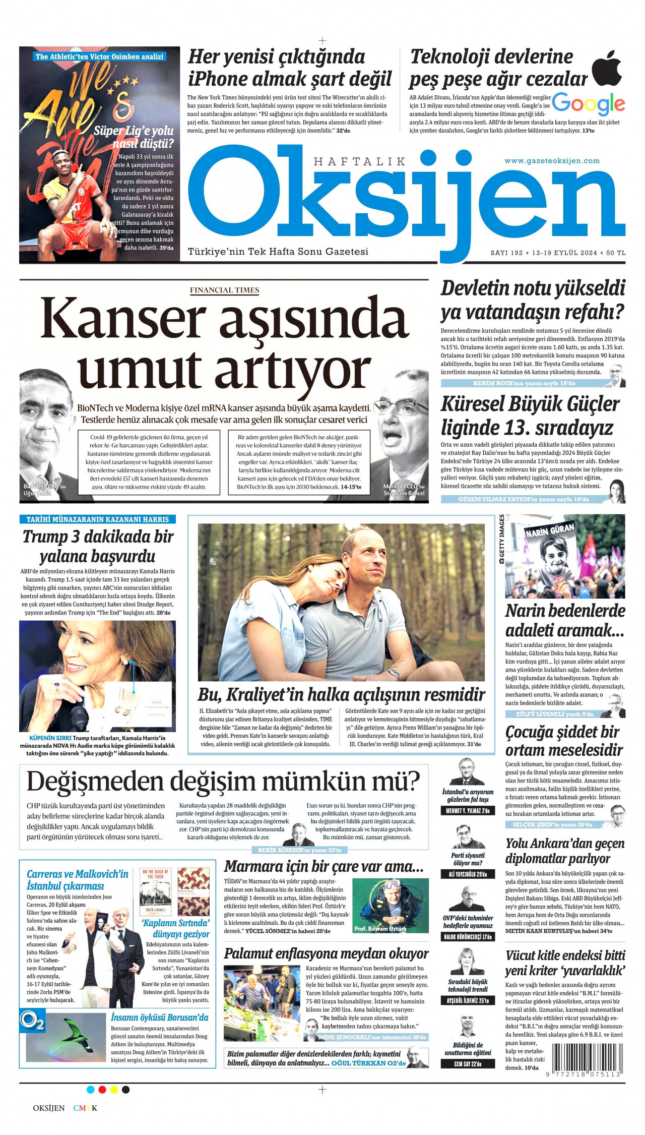 OKSİJEN gazetesinin 13 Eylül 2024 tarihli birinci sayfası