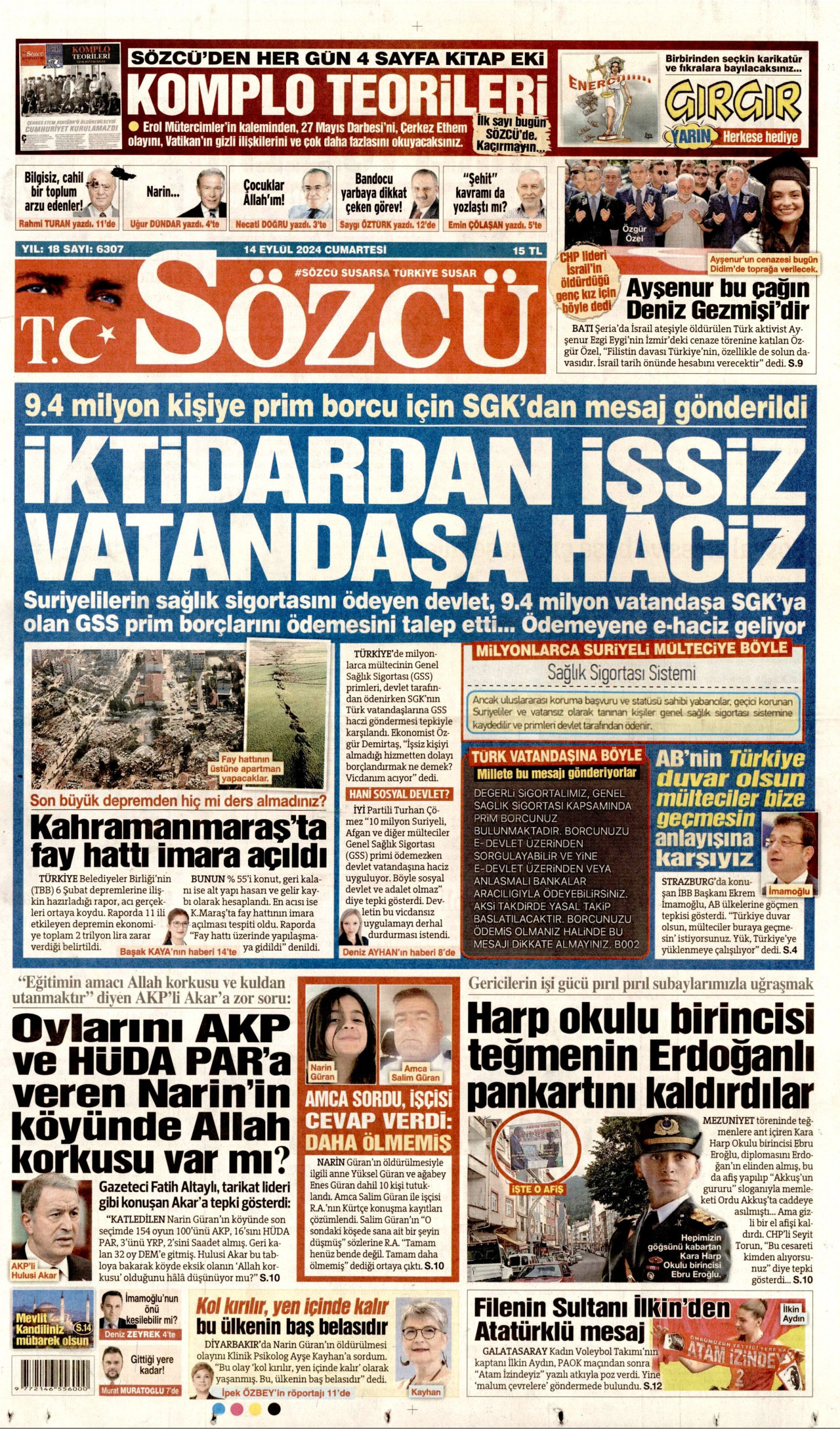 SÖZCÜ gazetesinin 14 Eylül 2024 tarihli birinci sayfası