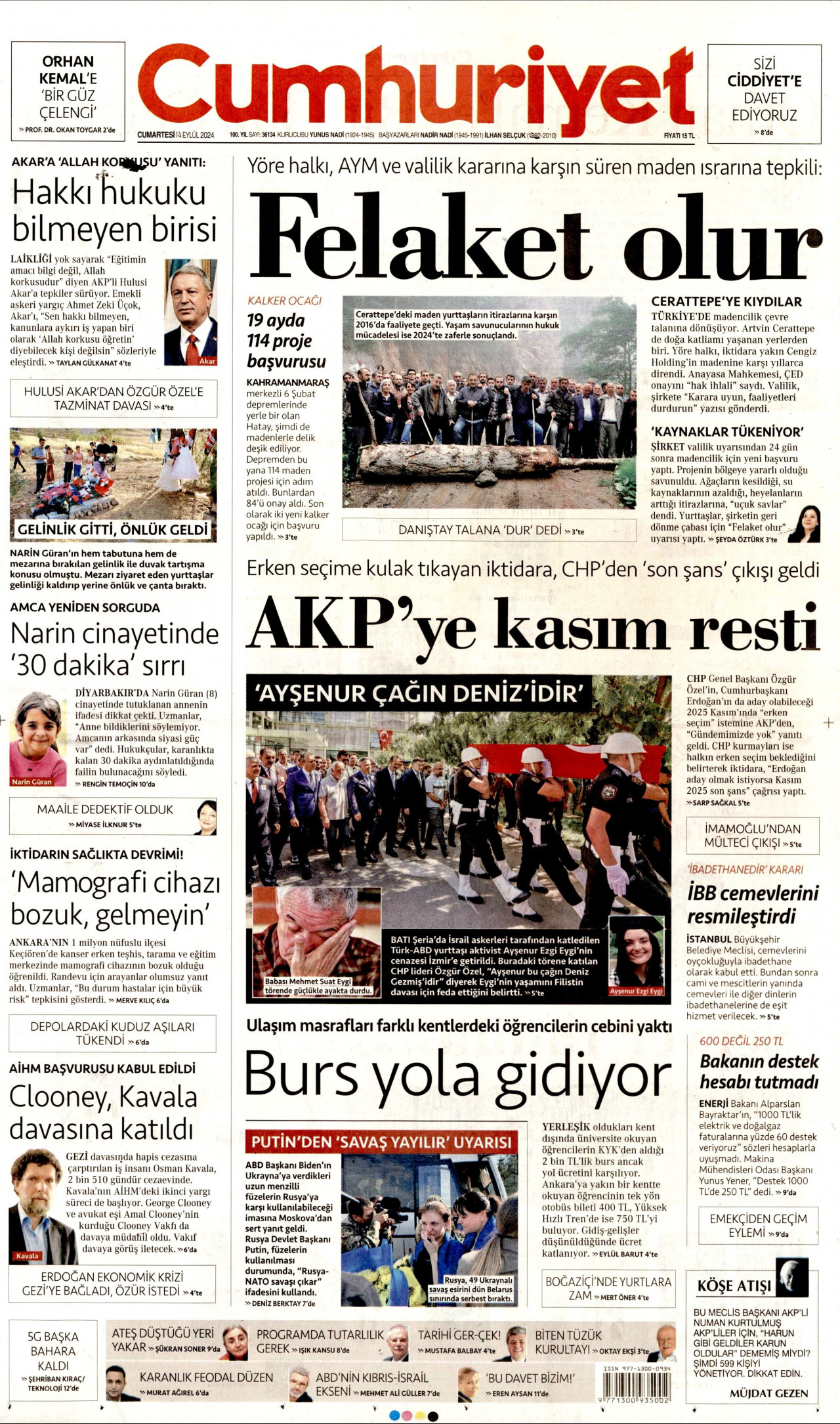 CUMHURİYET gazetesinin 14 Eylül 2024 tarihli birinci sayfası