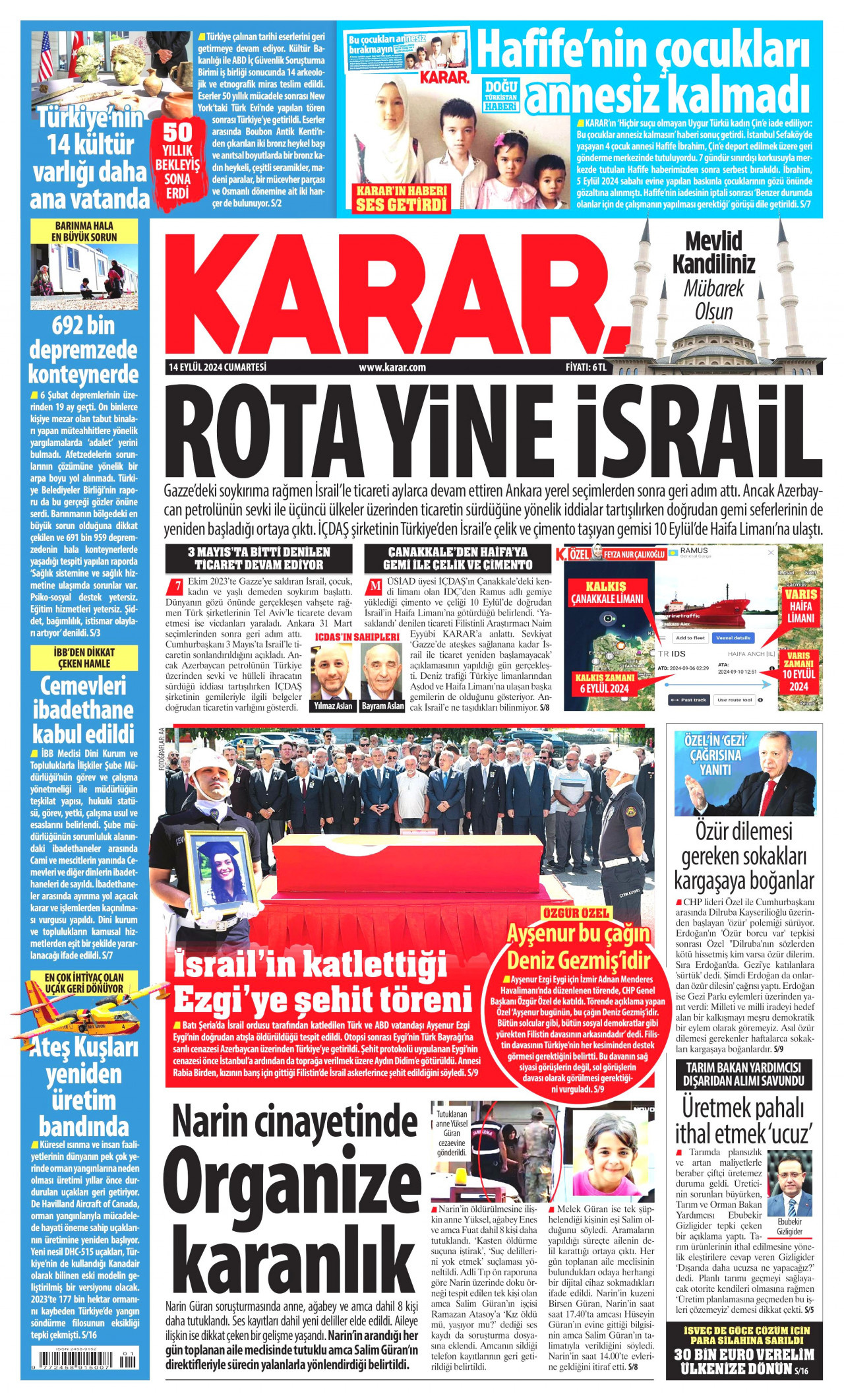 KARAR gazetesinin 14 Eylül 2024 tarihli birinci sayfası