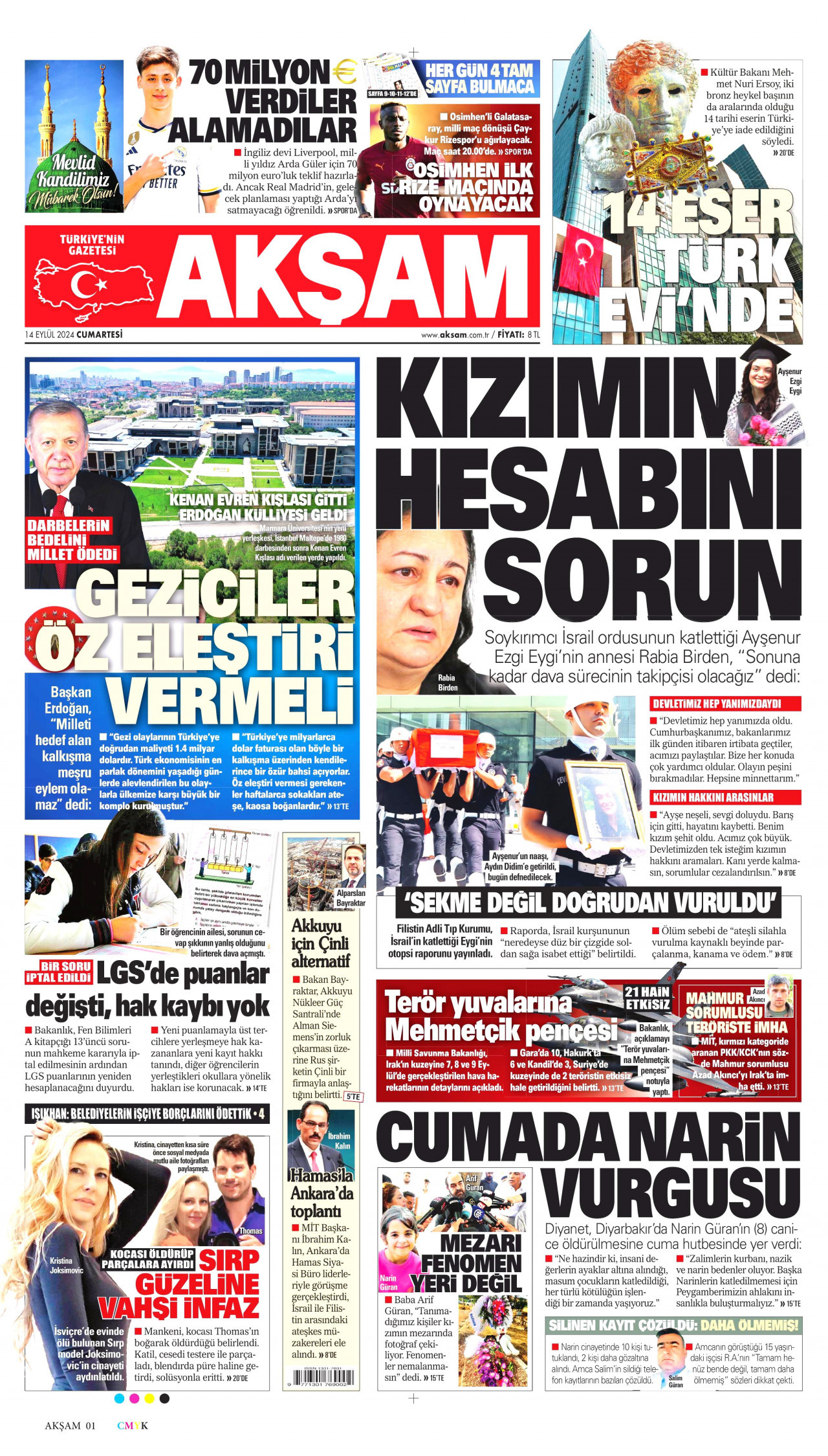 AKŞAM gazetesinin 14 Eylül 2024 tarihli birinci sayfası