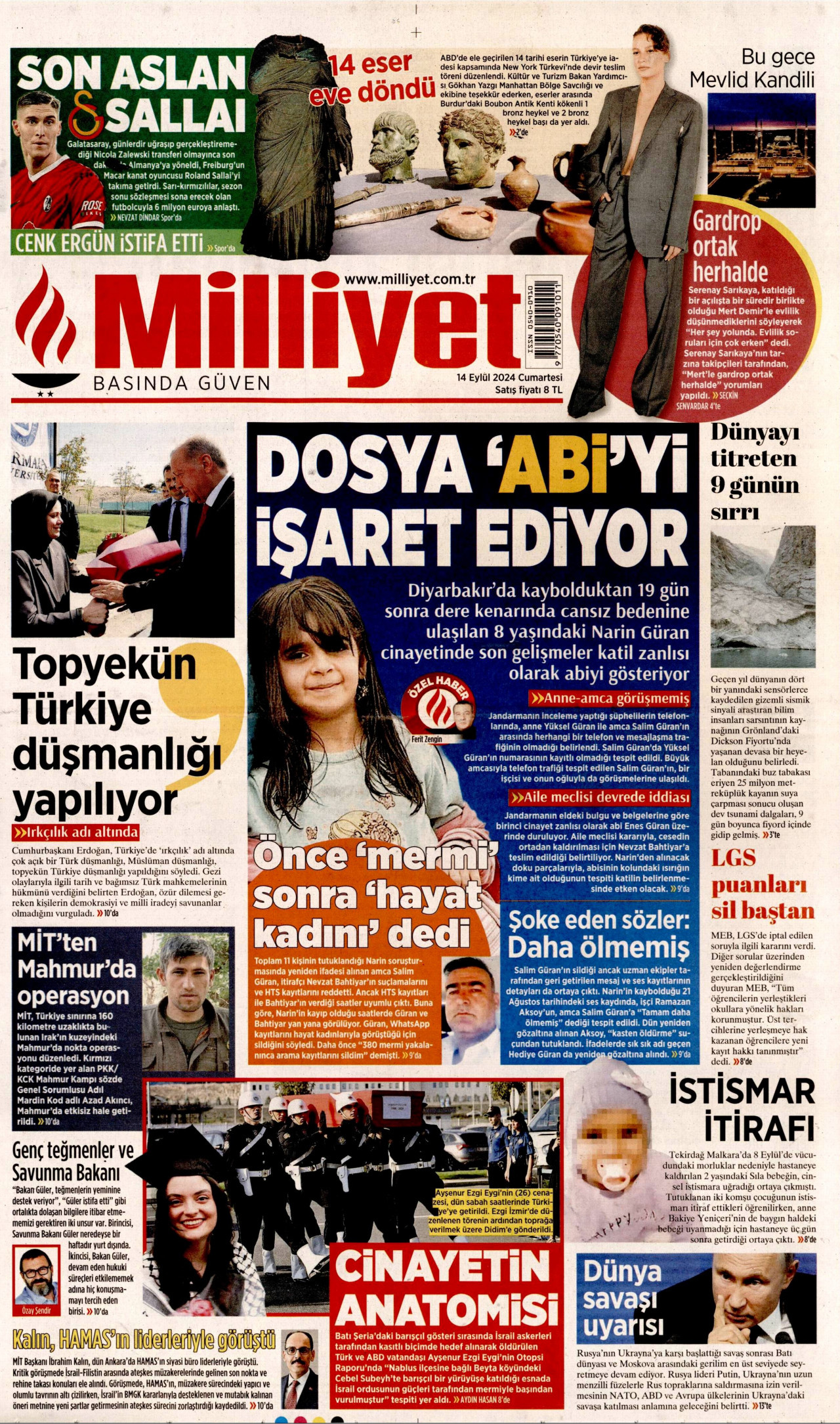 MİLLİYET gazetesinin 14 Eylül 2024 tarihli birinci sayfası