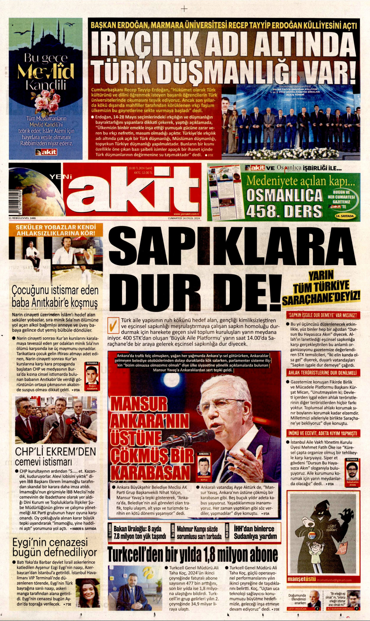 YENİ AKİT gazetesinin 14 Eylül 2024 tarihli birinci sayfası