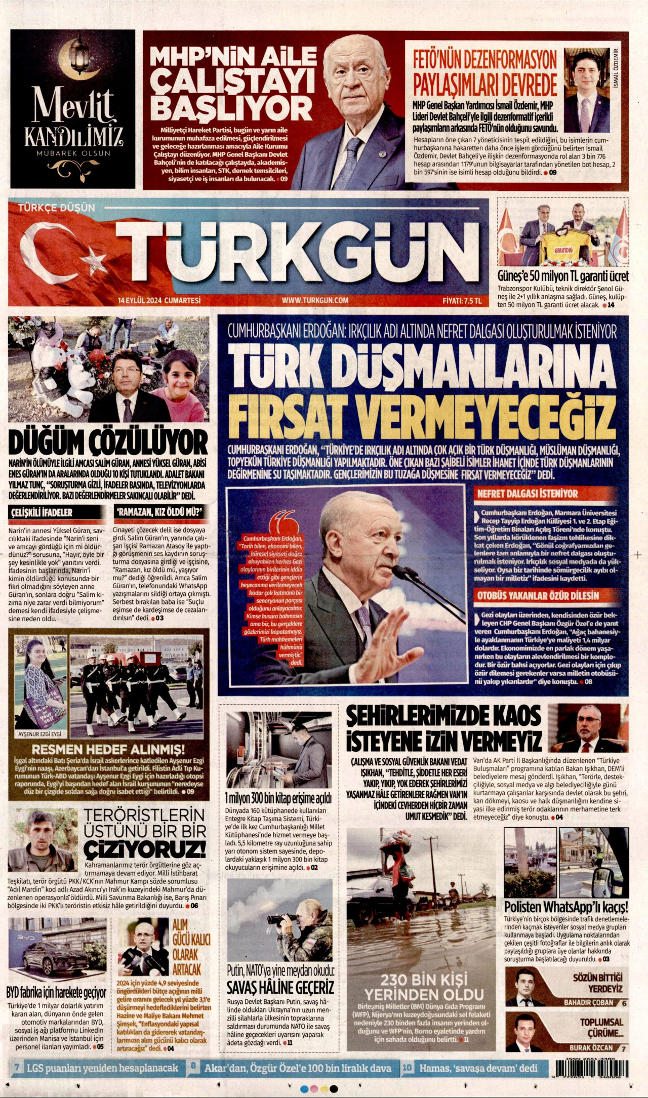 TÜRKGÜN gazetesinin 14 Eylül 2024 tarihli birinci sayfası