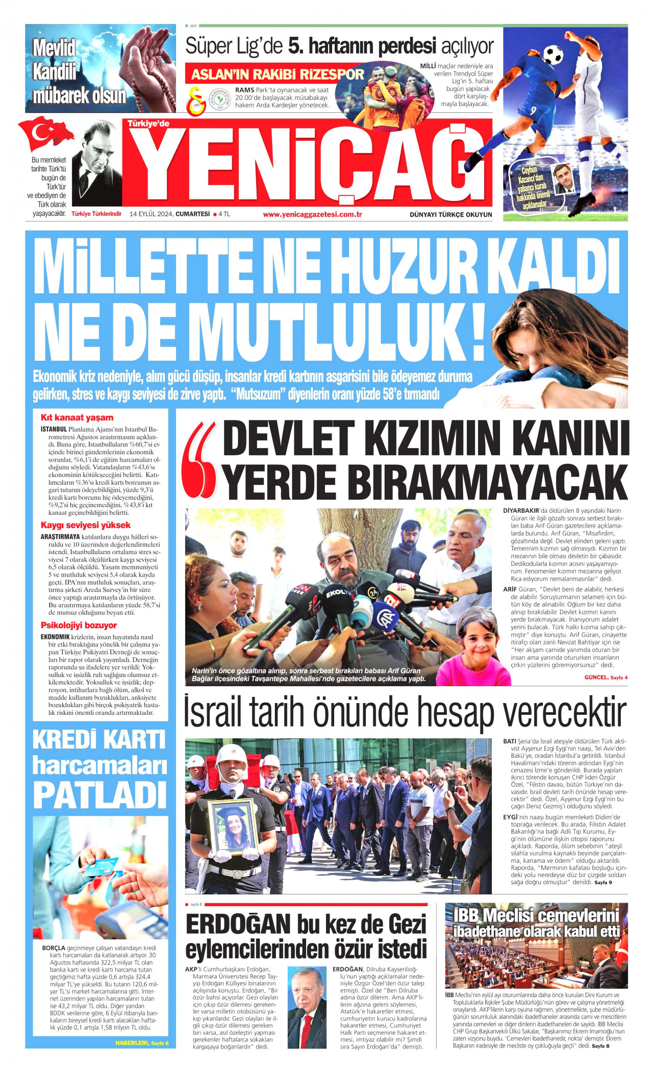 YENİÇAĞ gazetesinin 14 Eylül 2024 tarihli birinci sayfası