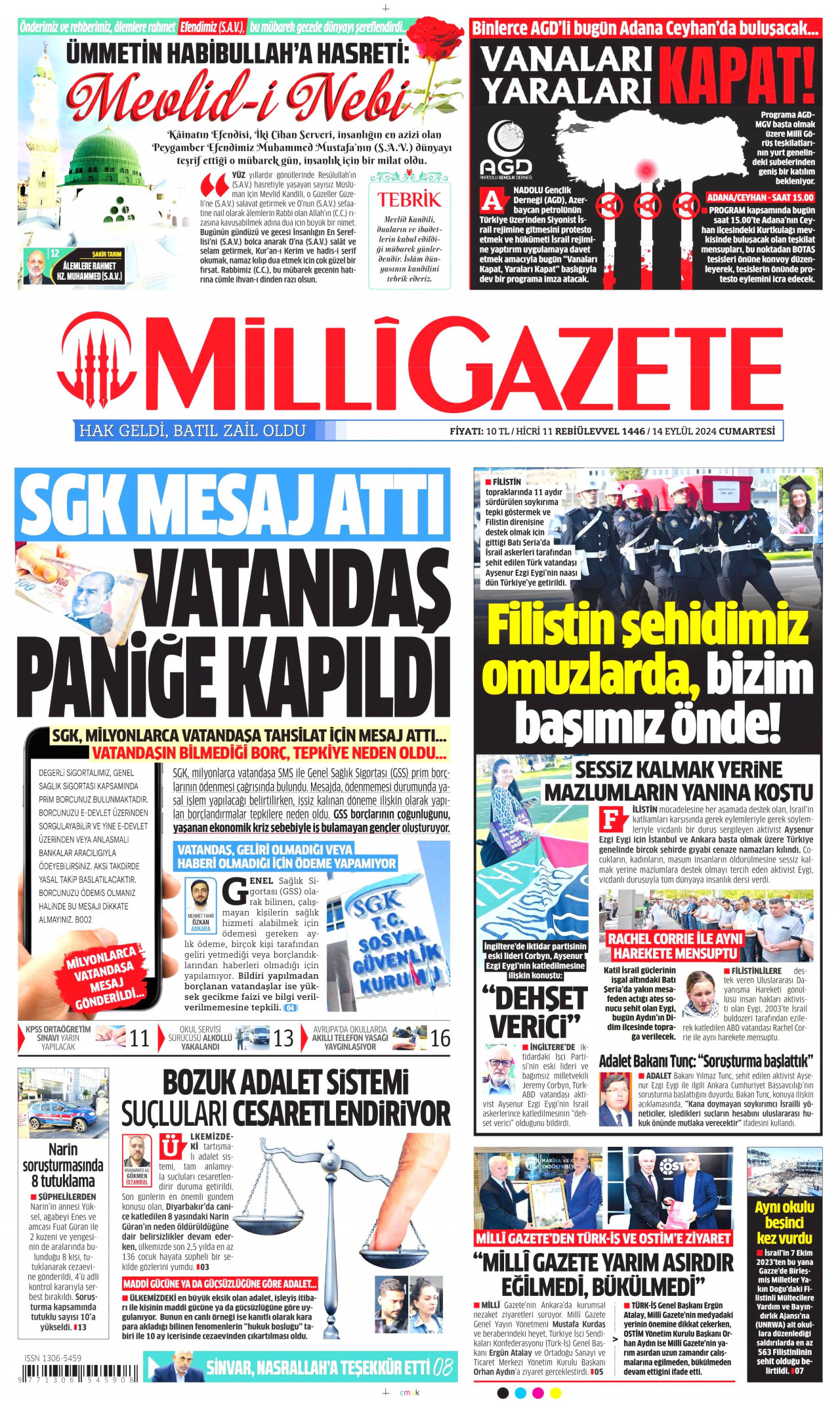 MİLLİ GAZETE gazetesinin 14 Eylül 2024 tarihli birinci sayfası