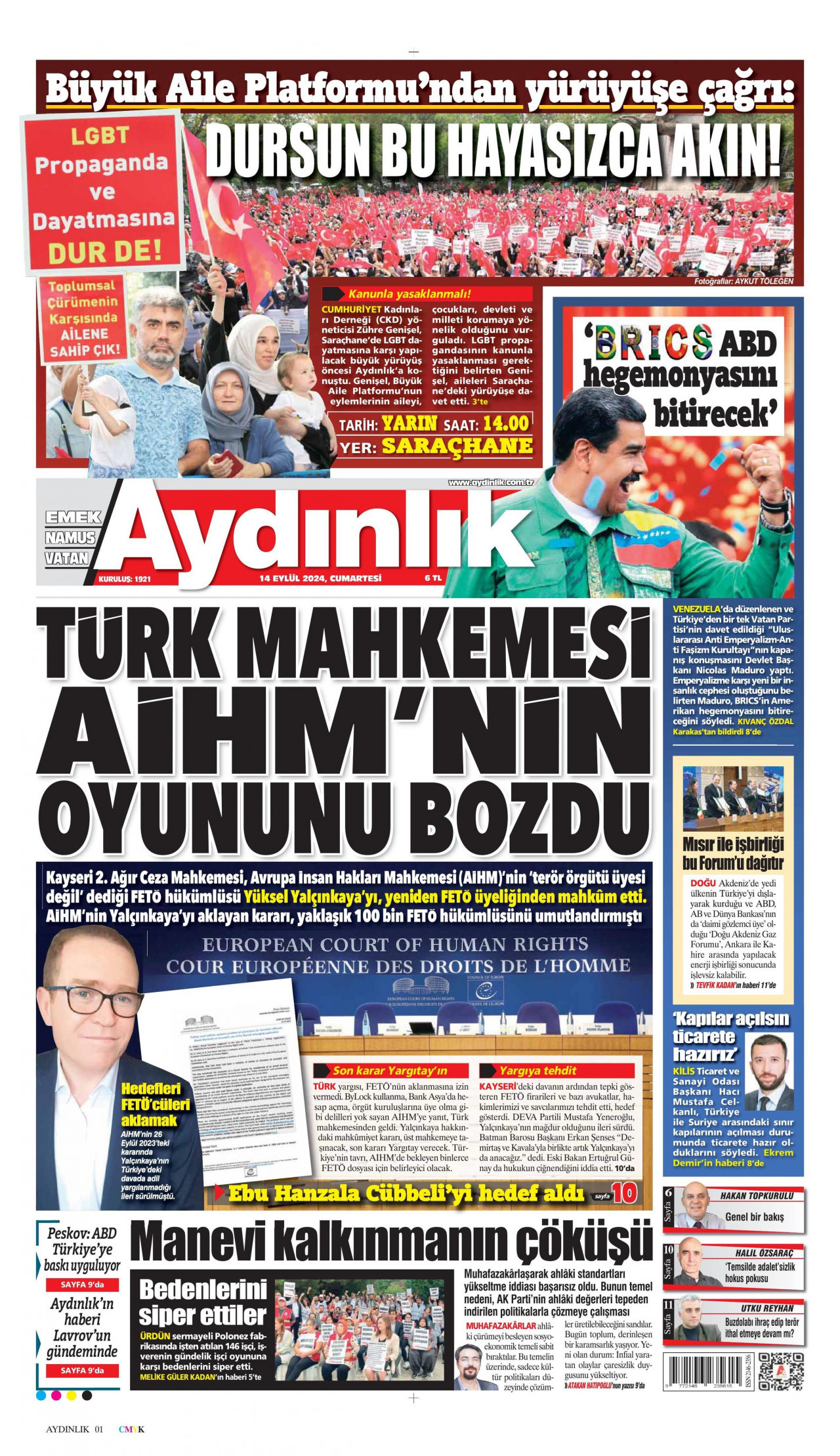 AYDINLIK GAZETESİ gazetesinin 14 Eylül 2024 tarihli birinci sayfası