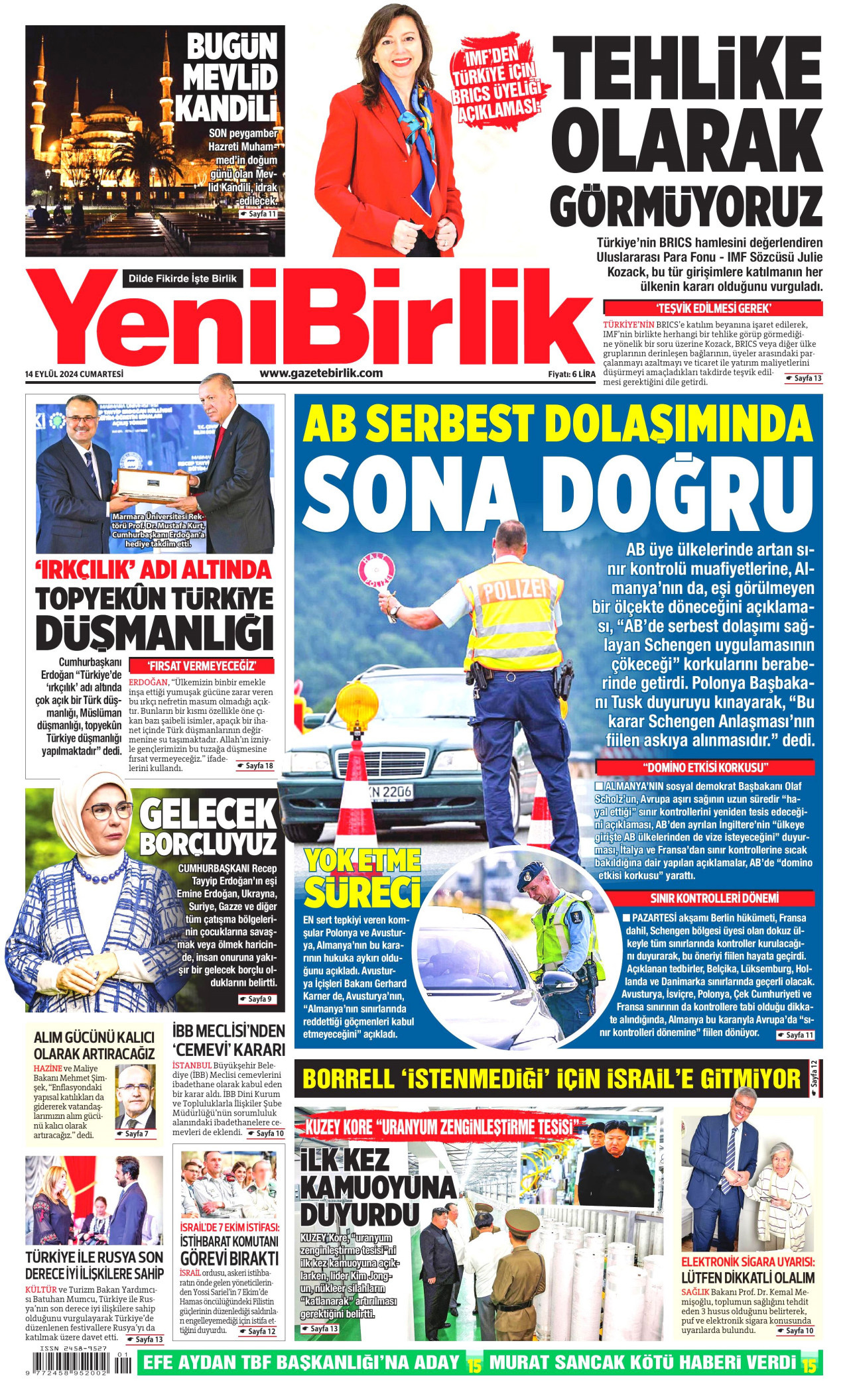 YENİBİRLİK gazetesinin 14 Eylül 2024 tarihli birinci sayfası