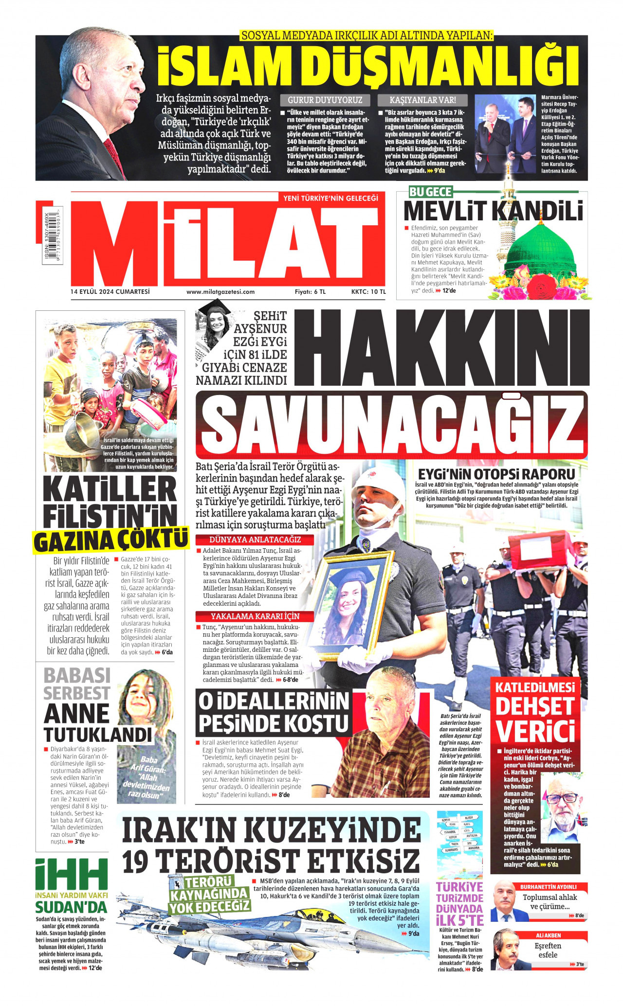 MİLAT gazetesinin 14 Eylül 2024 tarihli birinci sayfası
