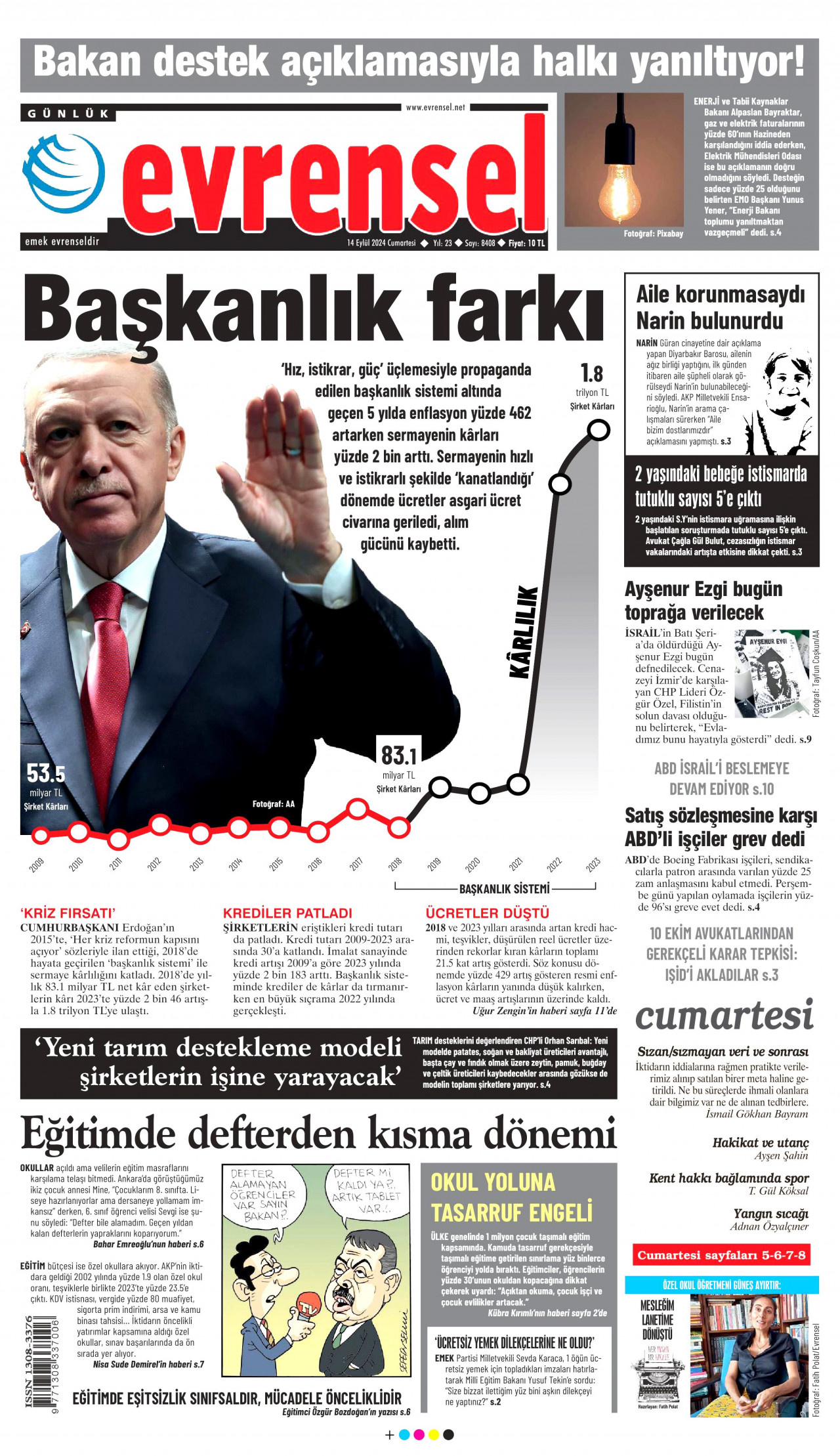 EVRENSEL gazetesinin 14 Eylül 2024 tarihli birinci sayfası