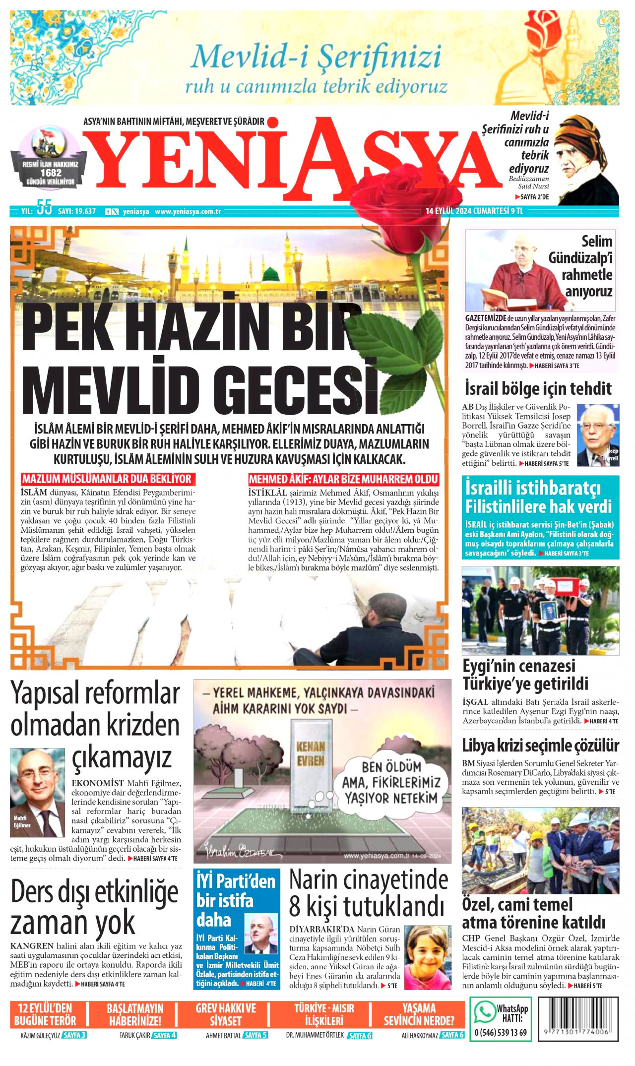 YENİ ASYA gazetesinin 14 Eylül 2024 tarihli birinci sayfası