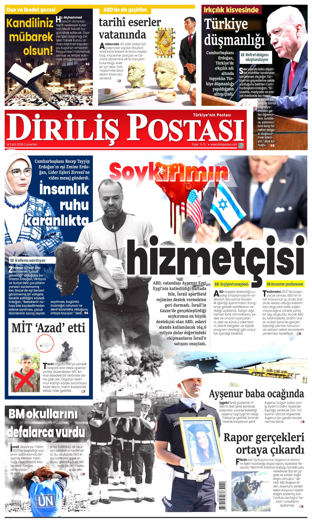 DİRİLİŞ POSTASI gazetesinin 14 Eylül 2024 tarihli birinci sayfası