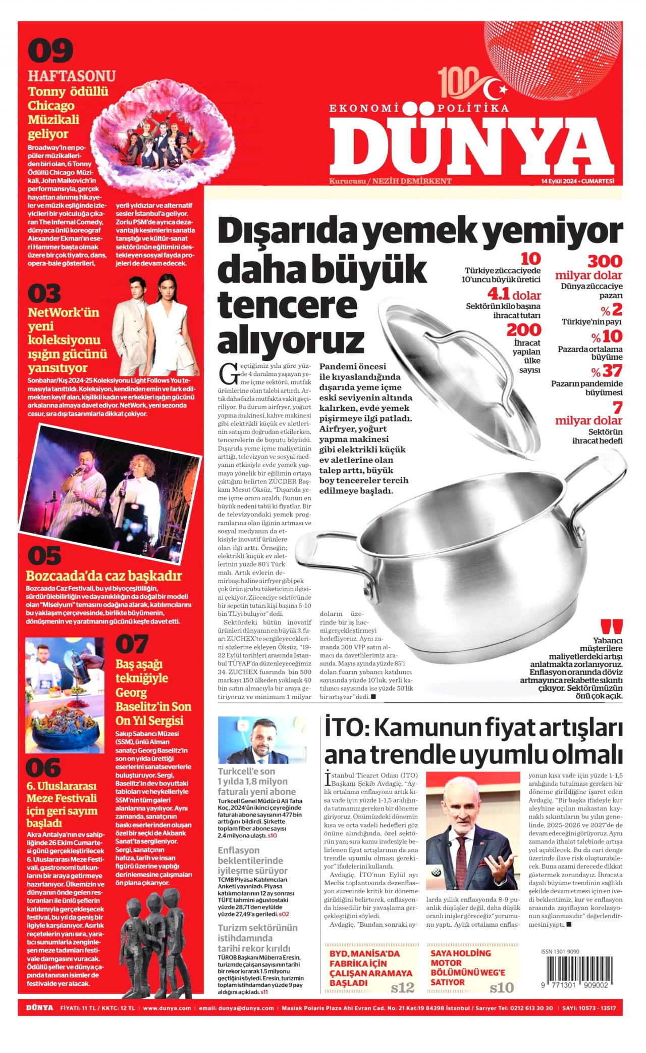 DÜNYA gazetesinin 14 Eylül 2024 tarihli birinci sayfası