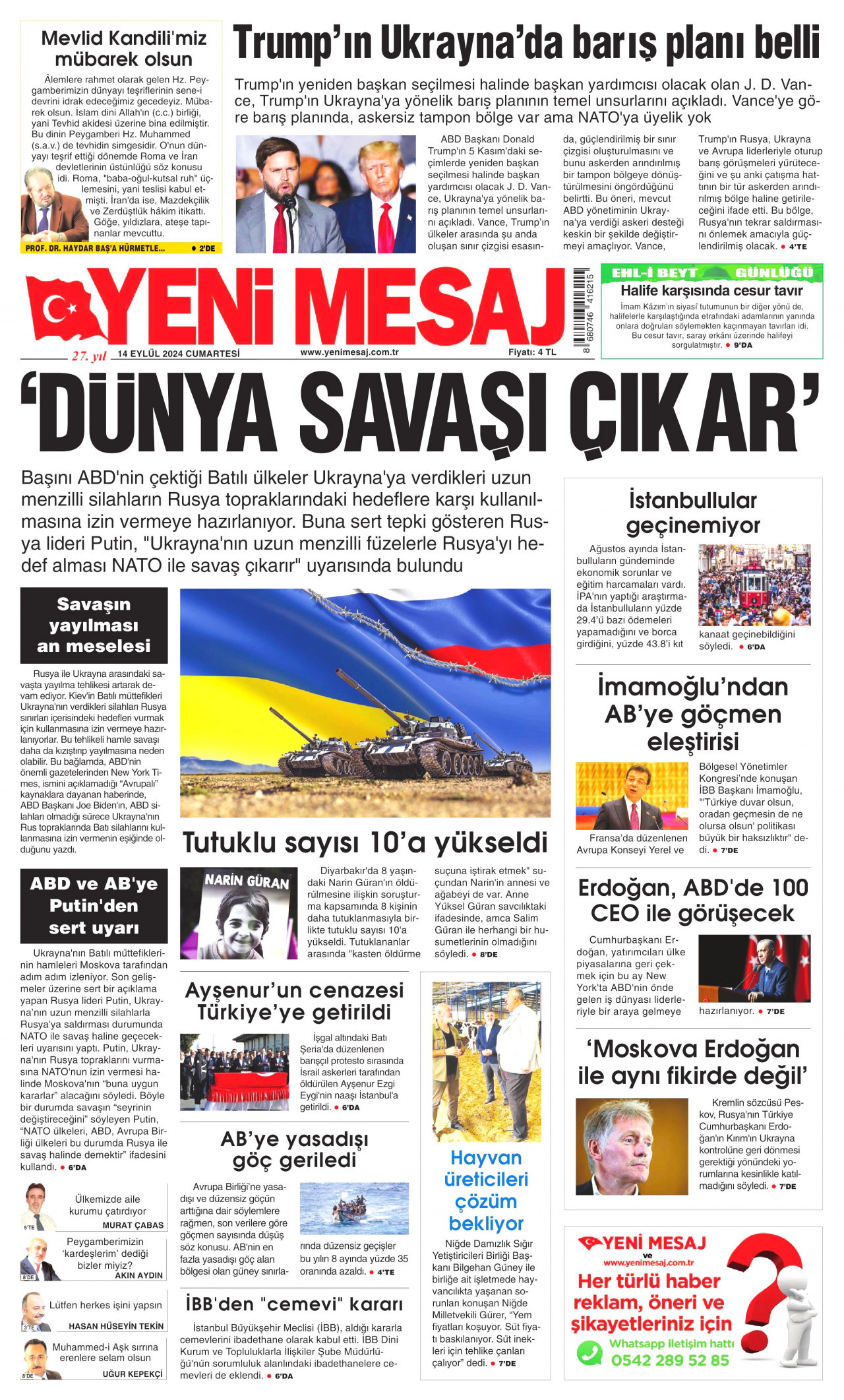YENİ MESAJ gazetesinin 14 Eylül 2024 tarihli birinci sayfası