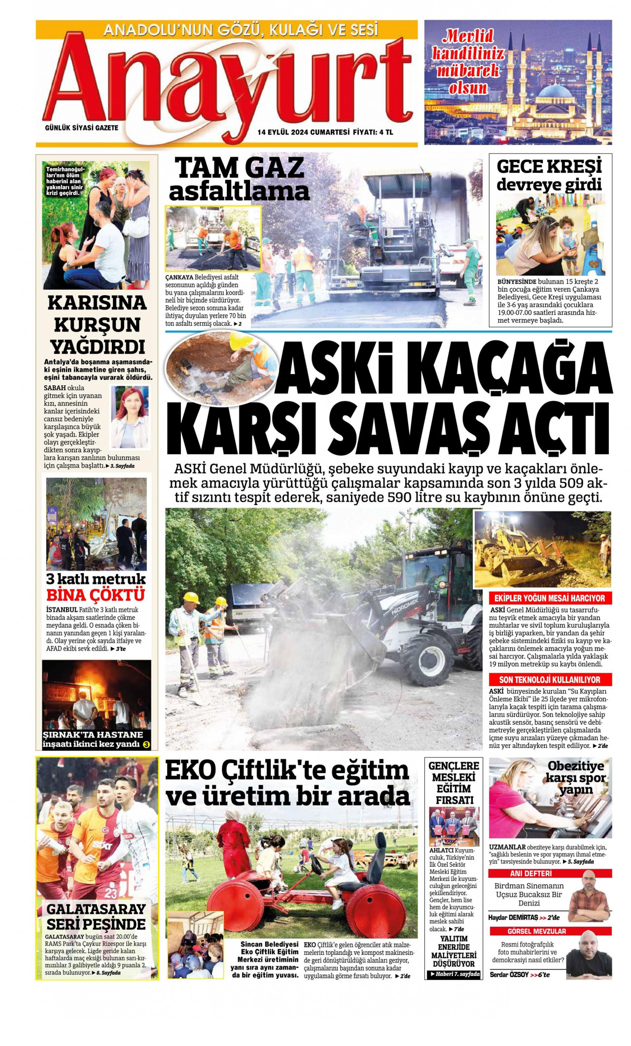 ANAYURT gazetesinin 14 Eylül 2024 tarihli birinci sayfası