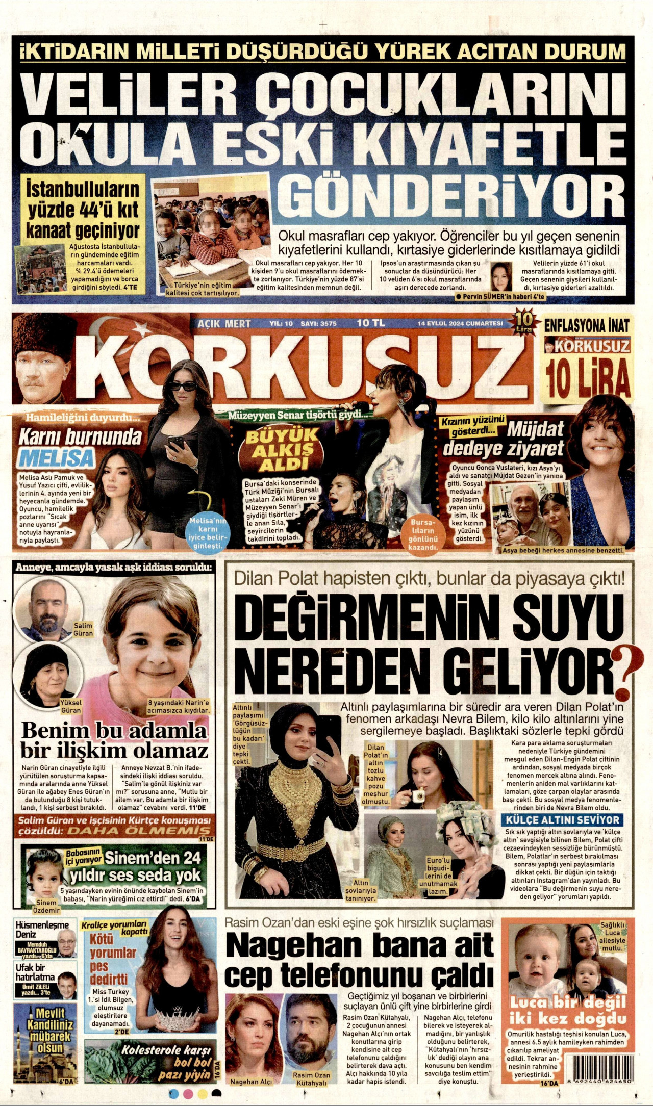 KORKUSUZ gazetesinin 14 Eylül 2024 tarihli birinci sayfası