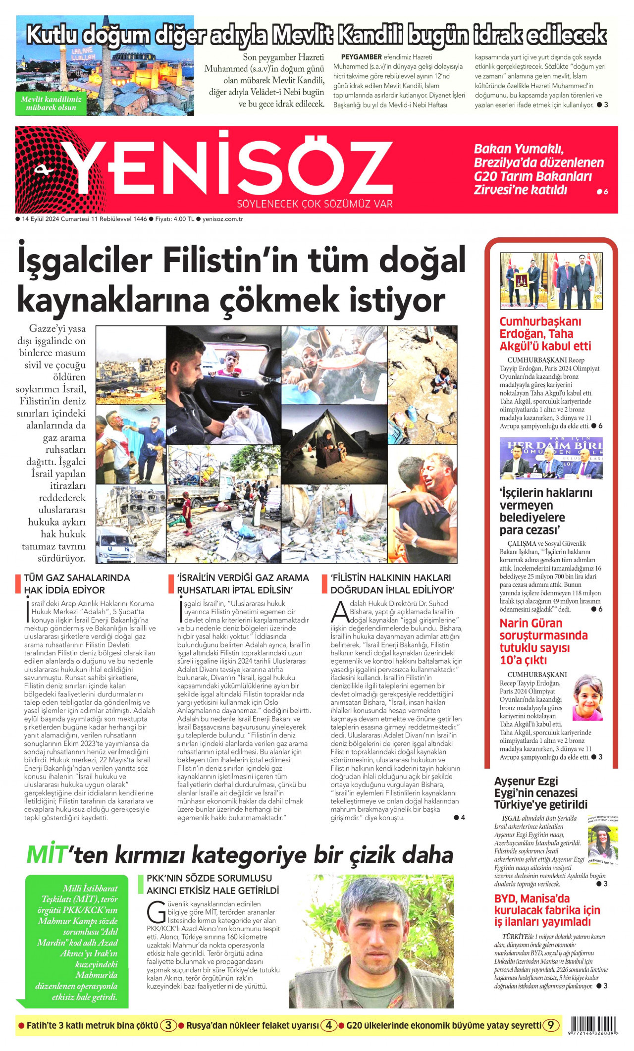 YENİ SÖZ GAZETESİ gazetesinin 14 Eylül 2024 tarihli birinci sayfası