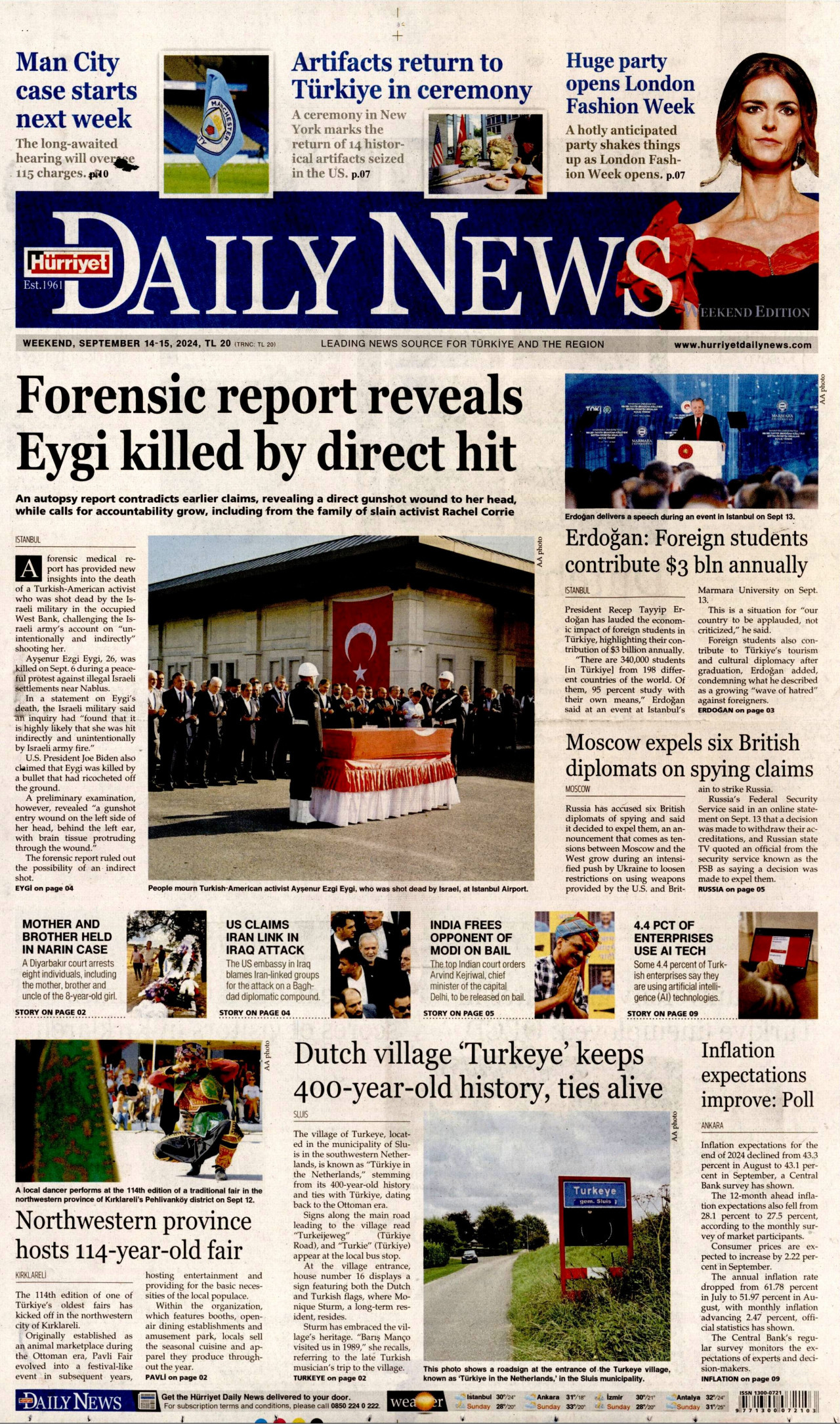 HÜRRİYET DAİLY NEWS gazetesinin 14 Eylül 2024 tarihli birinci sayfası