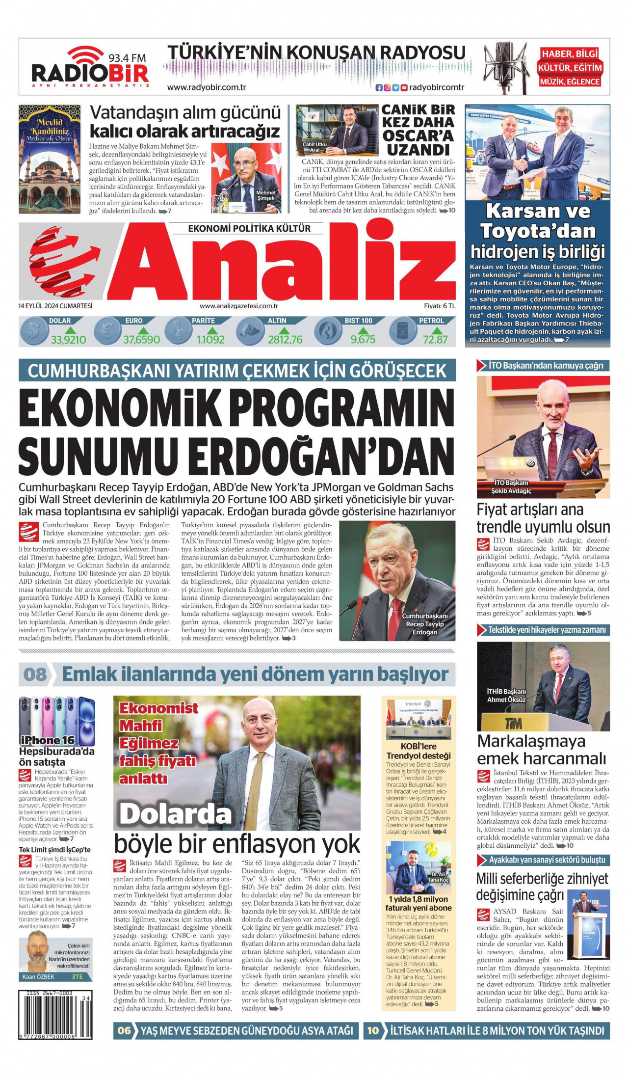 ANALİZ gazetesinin 14 Eylül 2024 tarihli birinci sayfası