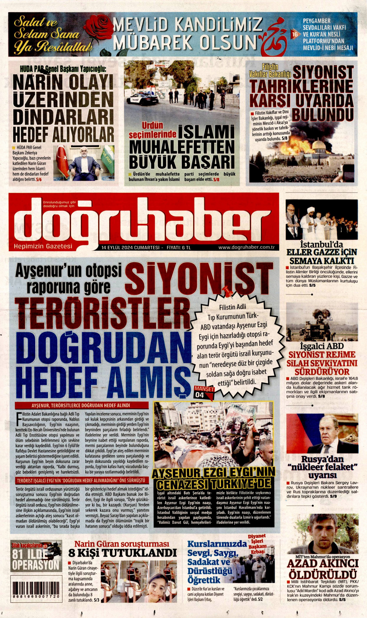 DOĞRU HABER gazetesinin 14 Eylül 2024 tarihli birinci sayfası