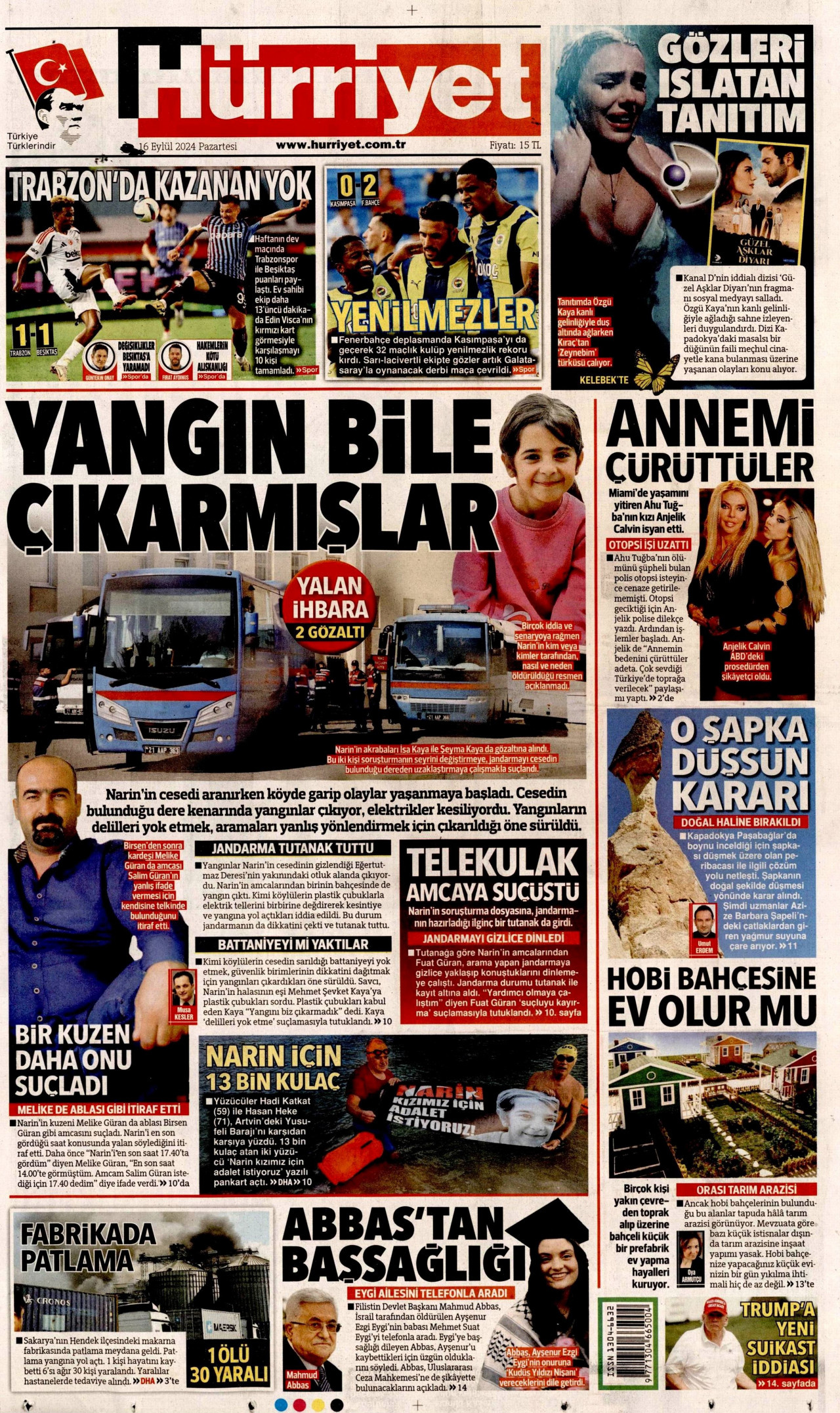 HÜRRİYET gazetesinin 16 Eylül 2024 tarihli birinci sayfası