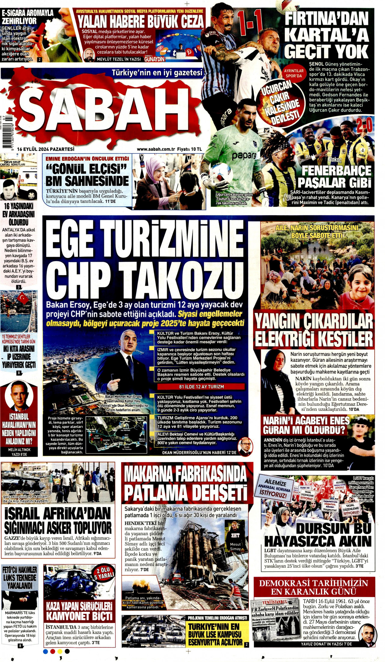 SABAH gazetesinin 16 Eylül 2024 tarihli birinci sayfası