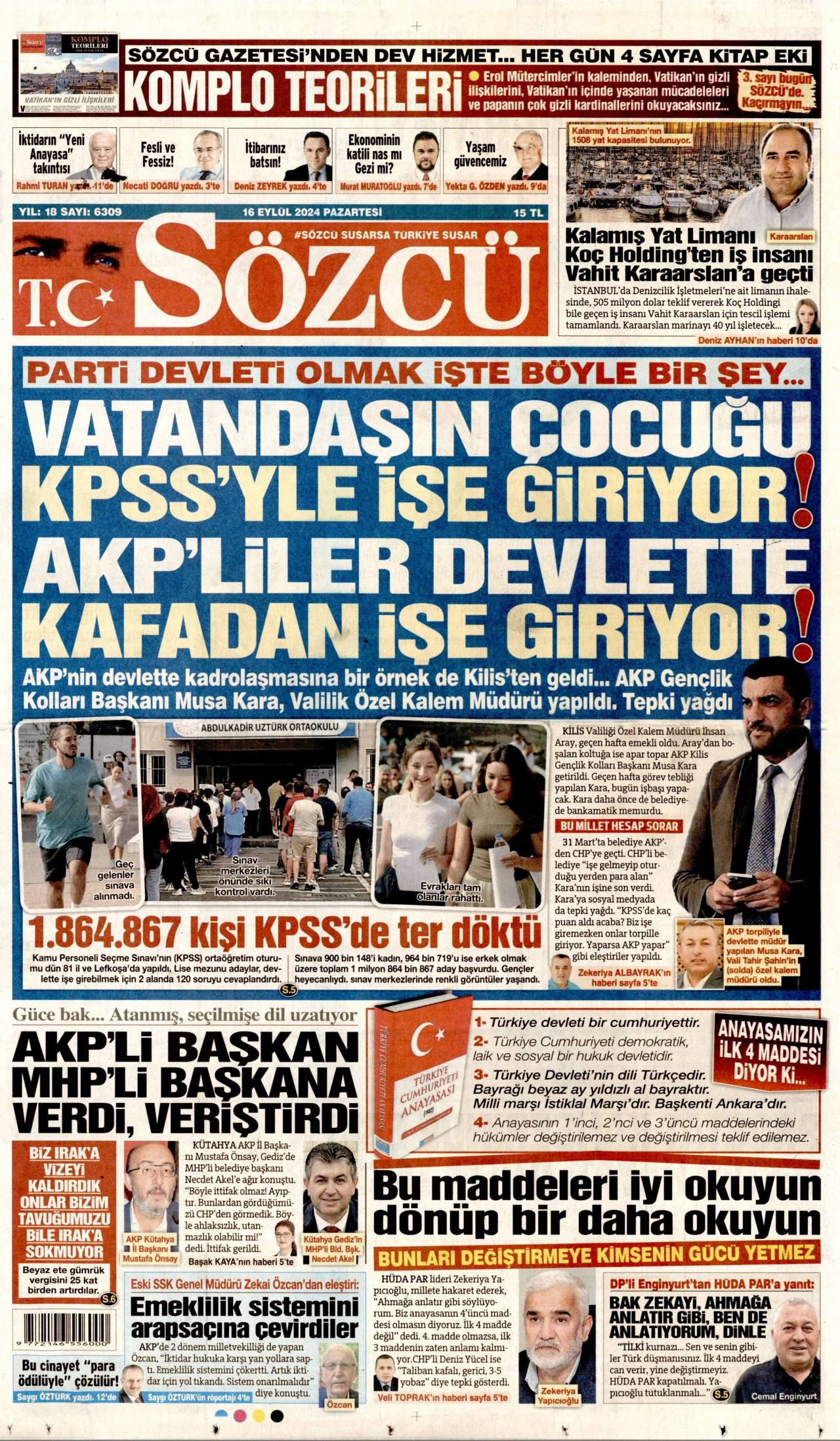 SÖZCÜ gazetesinin 16 Eylül 2024 tarihli birinci sayfası