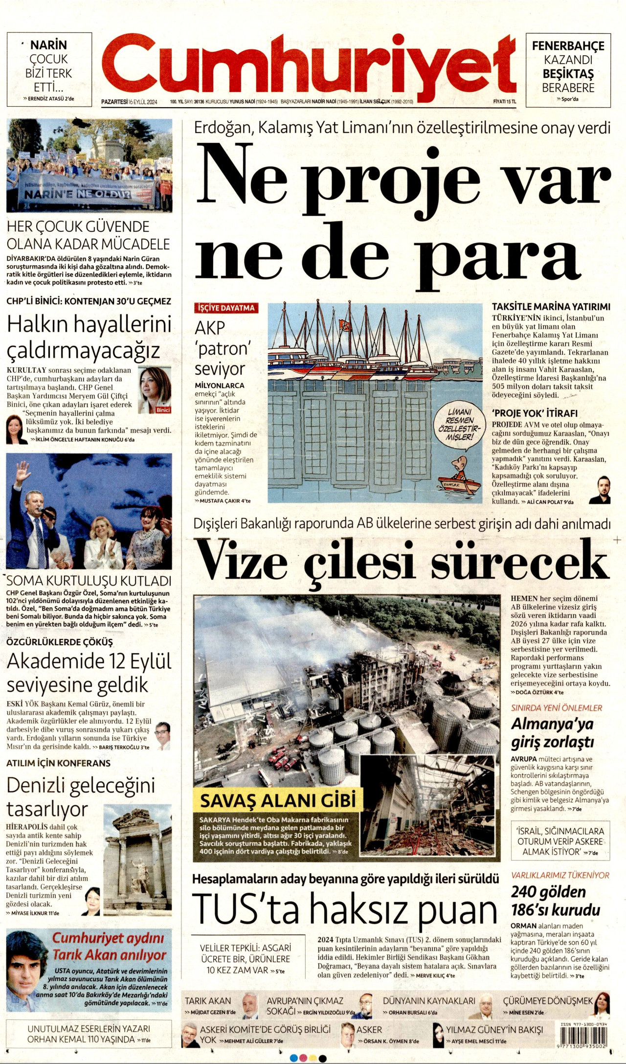 CUMHURİYET gazetesinin 16 Eylül 2024 tarihli birinci sayfası