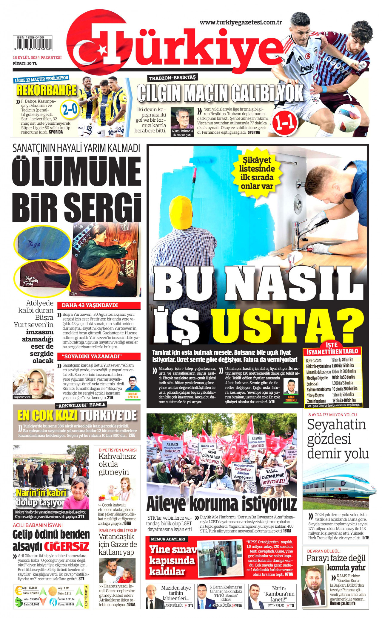 TÜRKİYE GAZETESİ gazetesinin 16 Eylül 2024 tarihli birinci sayfası
