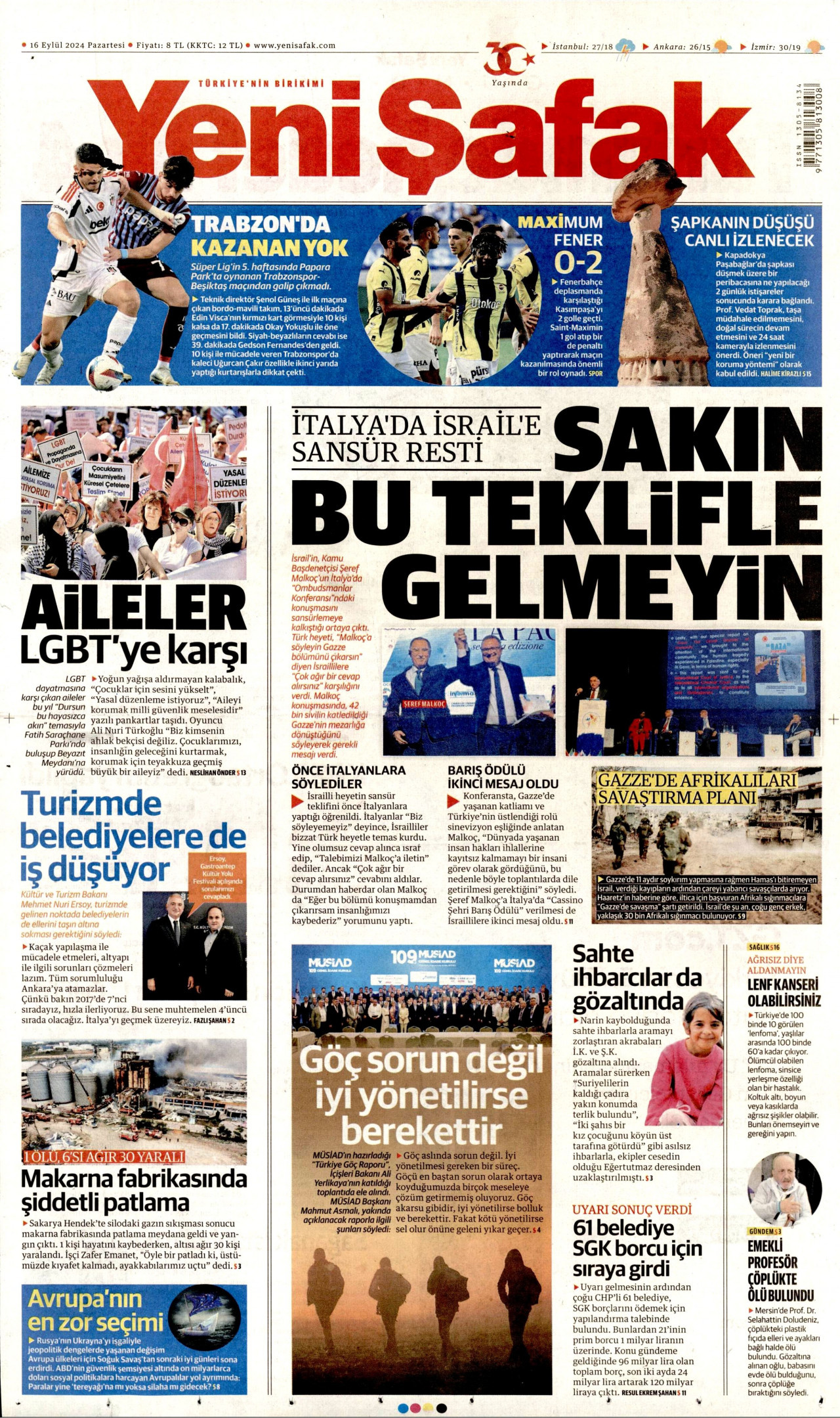 YENİ ŞAFAK gazetesinin 16 Eylül 2024 tarihli birinci sayfası