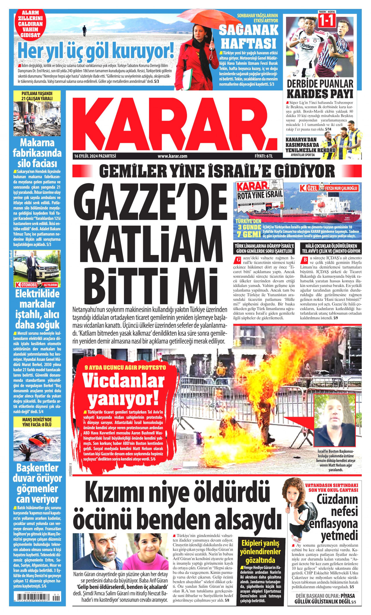 KARAR gazetesinin 16 Eylül 2024 tarihli birinci sayfası