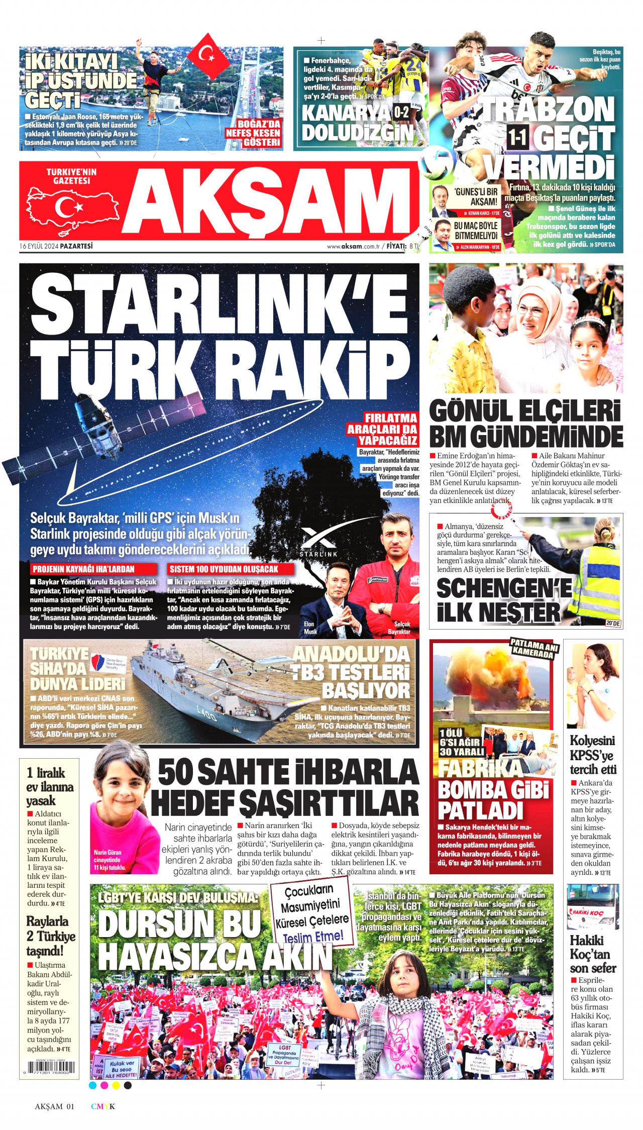 AKŞAM gazetesinin 16 Eylül 2024 tarihli birinci sayfası